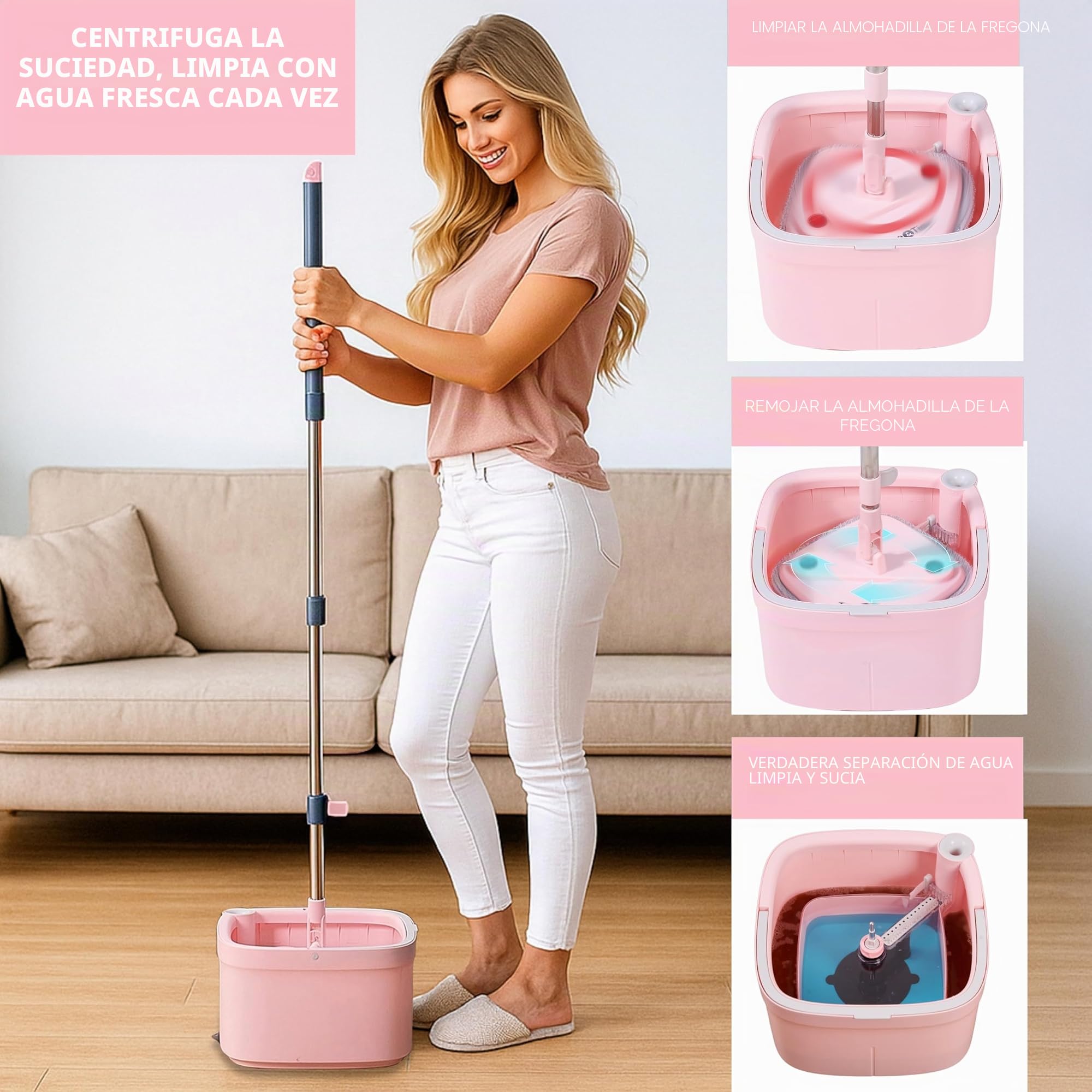 True & Tidy® True Clean - Sistema de fregona y Cubo, Incluye Cubo de fregona de Giro Cuadrado, Cubo de fregona de Doble Compartimento y 2 Almohadillas Gruesas Lavables a máquina, Nuevo Mejorado con