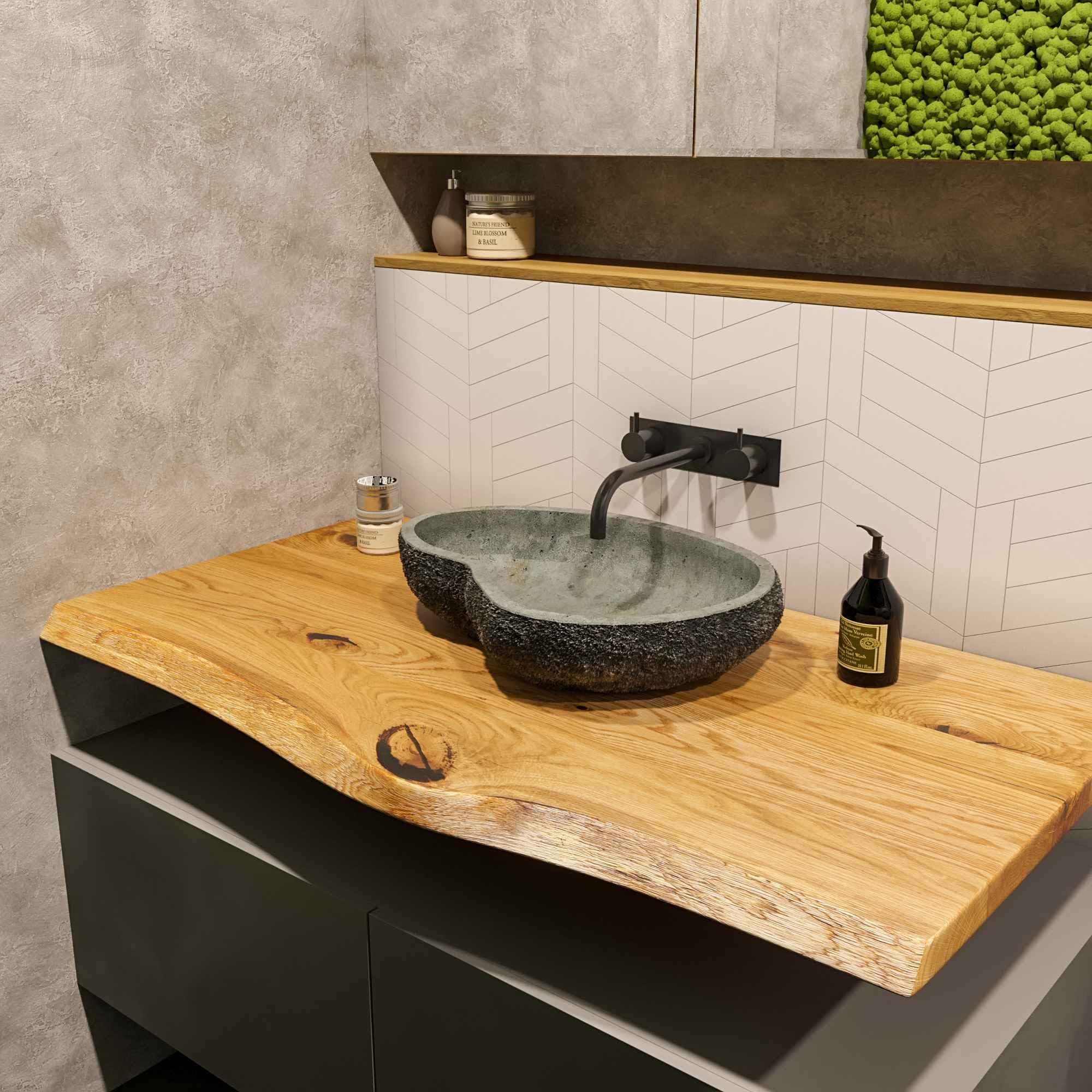 BestLoft Waschtischplatte Holz (Länge: 50 cm/Breite: 35-40 cm) Waschtisch Holz Eichenbrett Massiv 40 mm dick Tischplatte Baumkante Waschplätze rustikale Waschtischkonsole Massivholzplatte