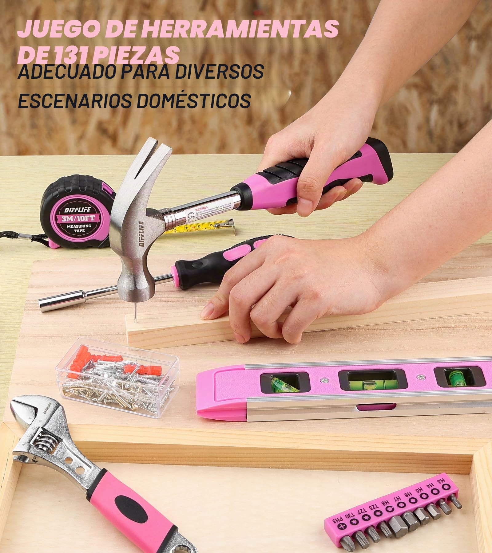 Juego de herramientas rosas, 131 piezas, juego de herramientas rosas para mujer, kit de herramientas manuales para el hogar con caja de herramientas de plástico (rosa)