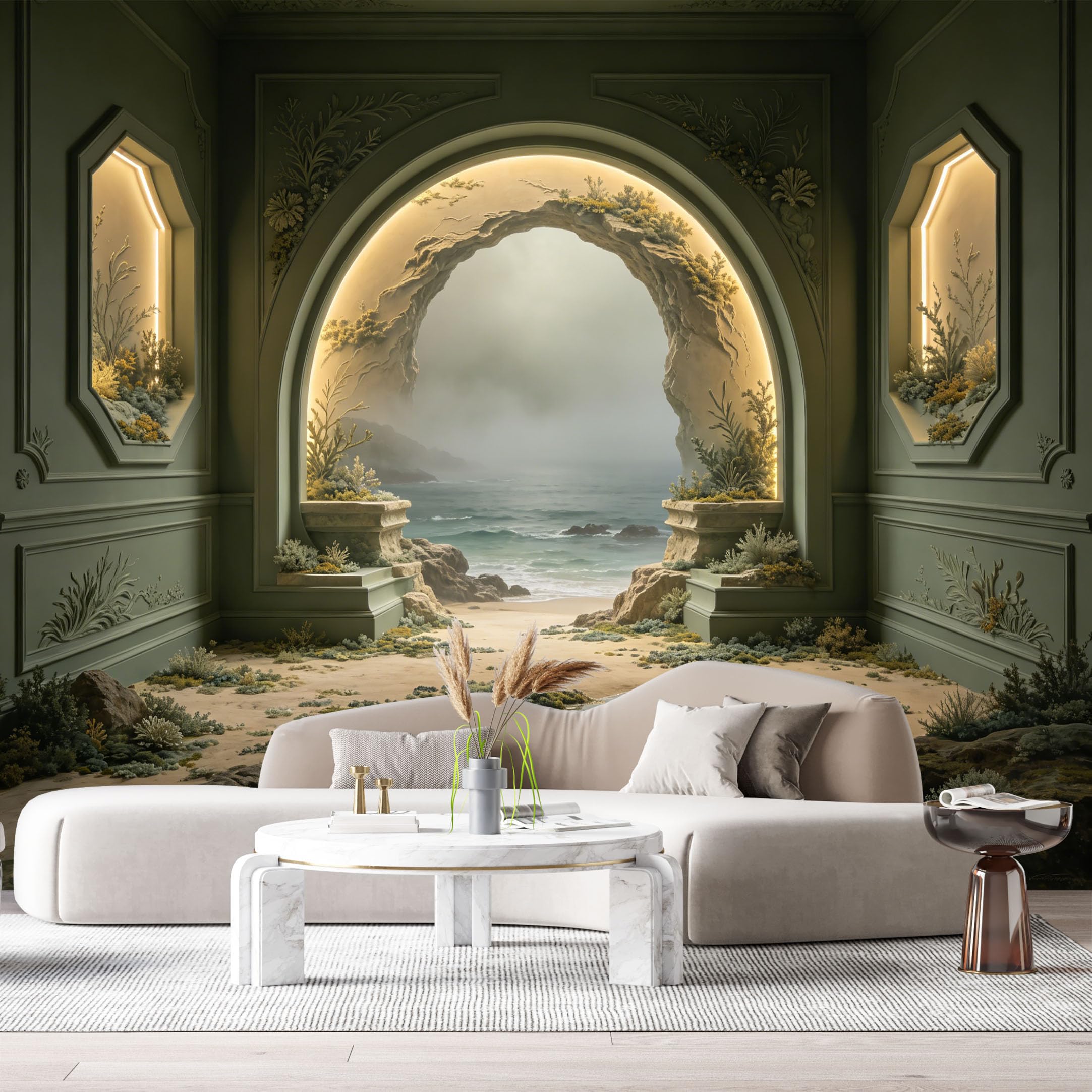 Custom Size Wall Murals Surreal Coastal Archway Botanical Ocean 3D Trompe L'Oeil SelfAdhesiveWall Fabric Removable Wallpaper Wall Decor for Living Room Bedroom Bathroom