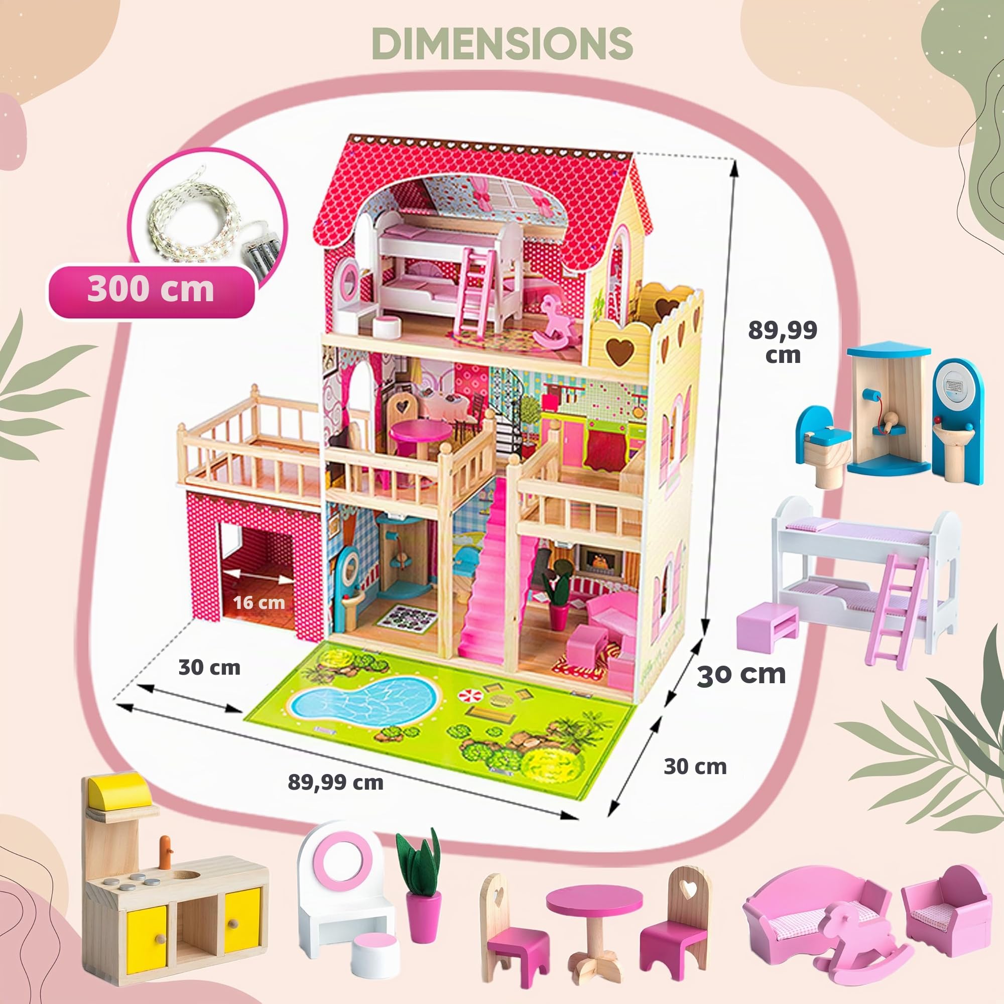 Green Series Kinderplay Maison de Poupée en Bois - Grande Maison de Poupée XXL pour Enfants dès 3 Ans | Maison Bois Idéal pour Filles et Garçons 3 Étages, Lumières LED Accessoires Inclus Maison Poupee
