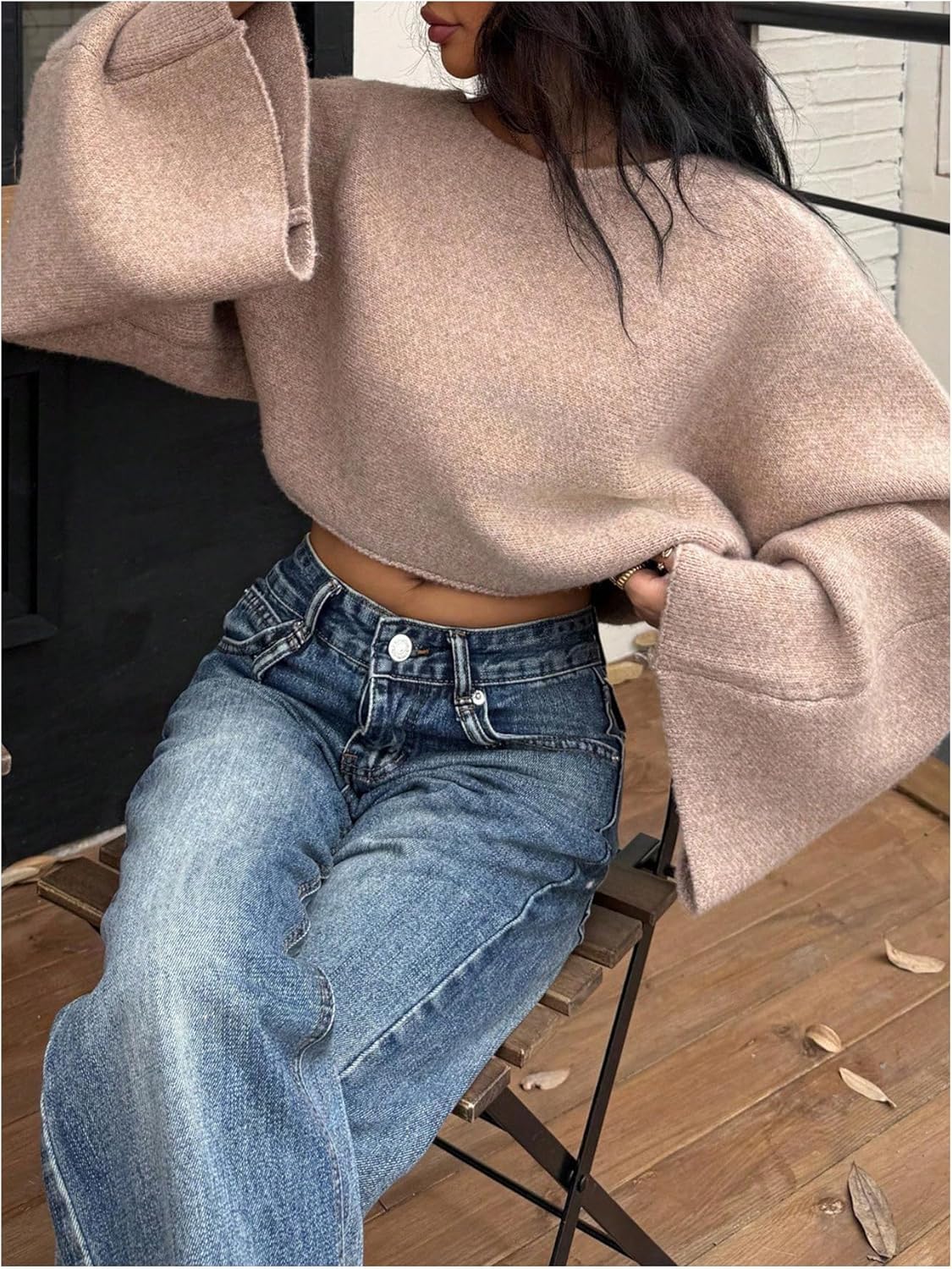 GORGLITTER Women's Cropped Sweater Trendy Bell Long Sleeve Knit Pullover Top Drop Shoulder Fall Outfits - Image 3