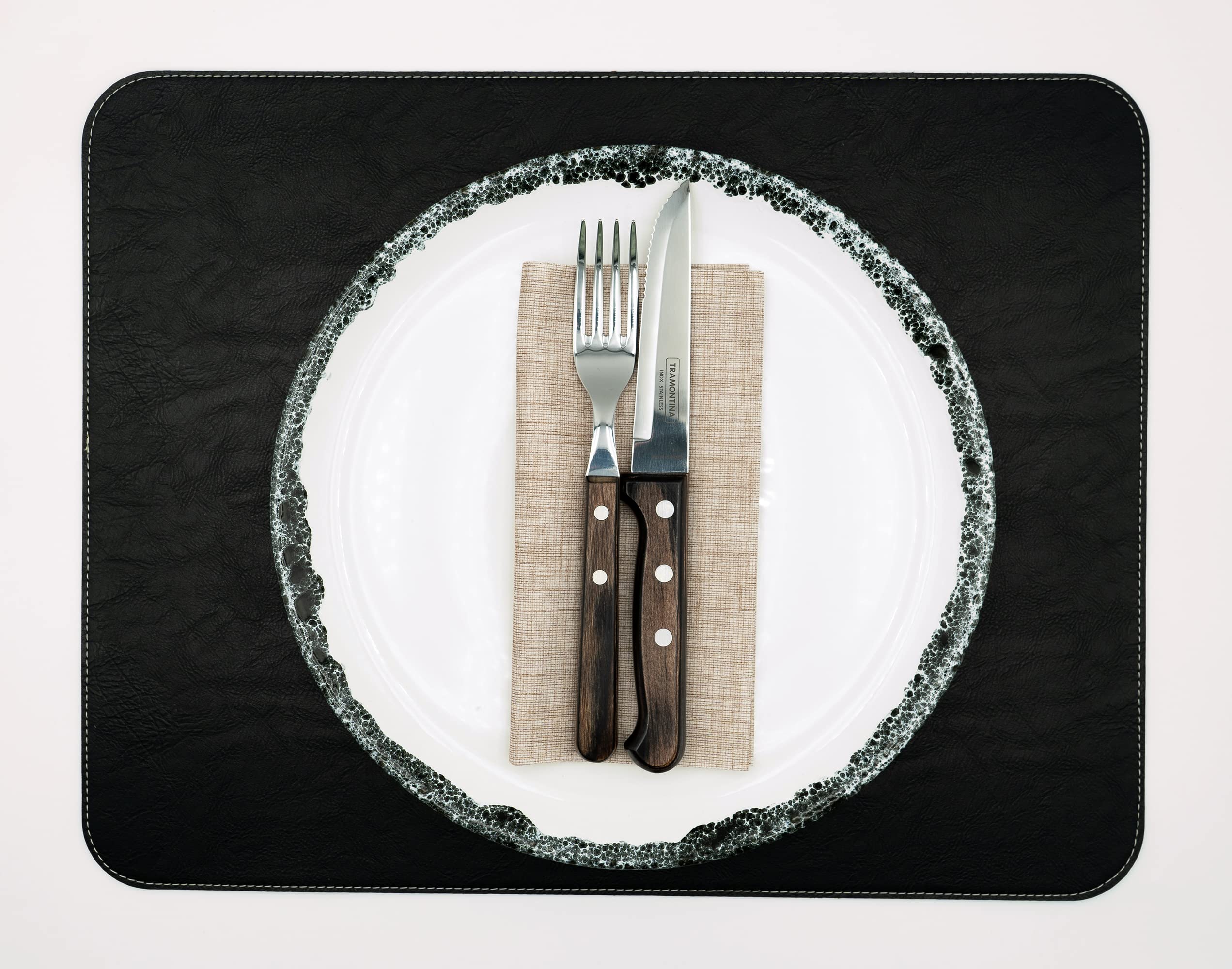 Placemat, set van 6 stuks, van PU-leer, dubbelzijdig, veganistisch, waterdicht, afwasbaar, kunstleer, lederlook, placemat, 40 x 30, vintage (nachtzwart, barrique