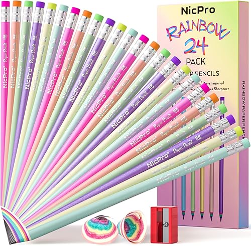 Nicpro 24 lápices 2 lápices de papel de color arcoíris HB bonitos lápices preafilados con caja de madera lápiz de grafito antirotura con borrador