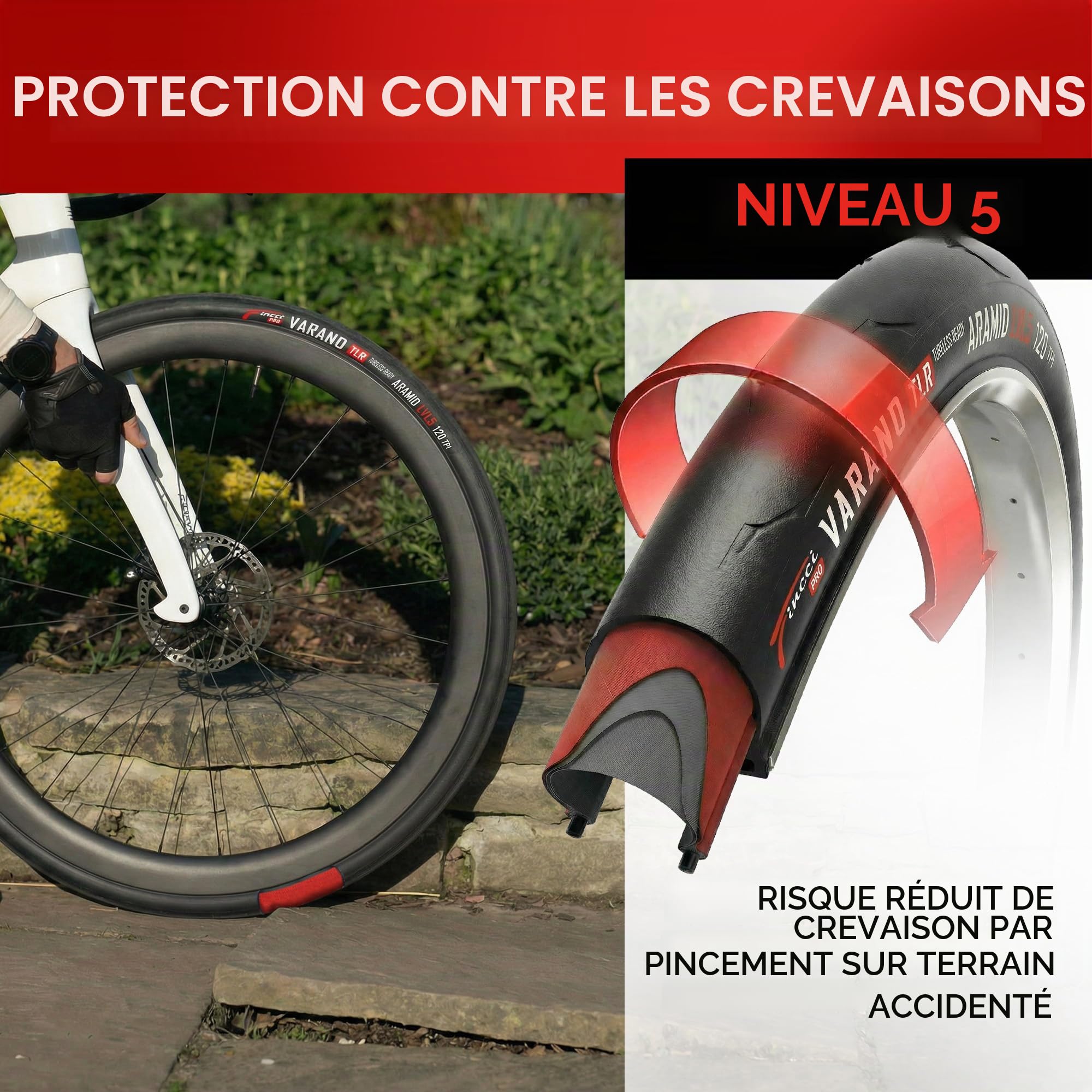 Fincci Pneu 700x28c 28-622 Tubeless Pliable 120 TPI avec Protection Aramid