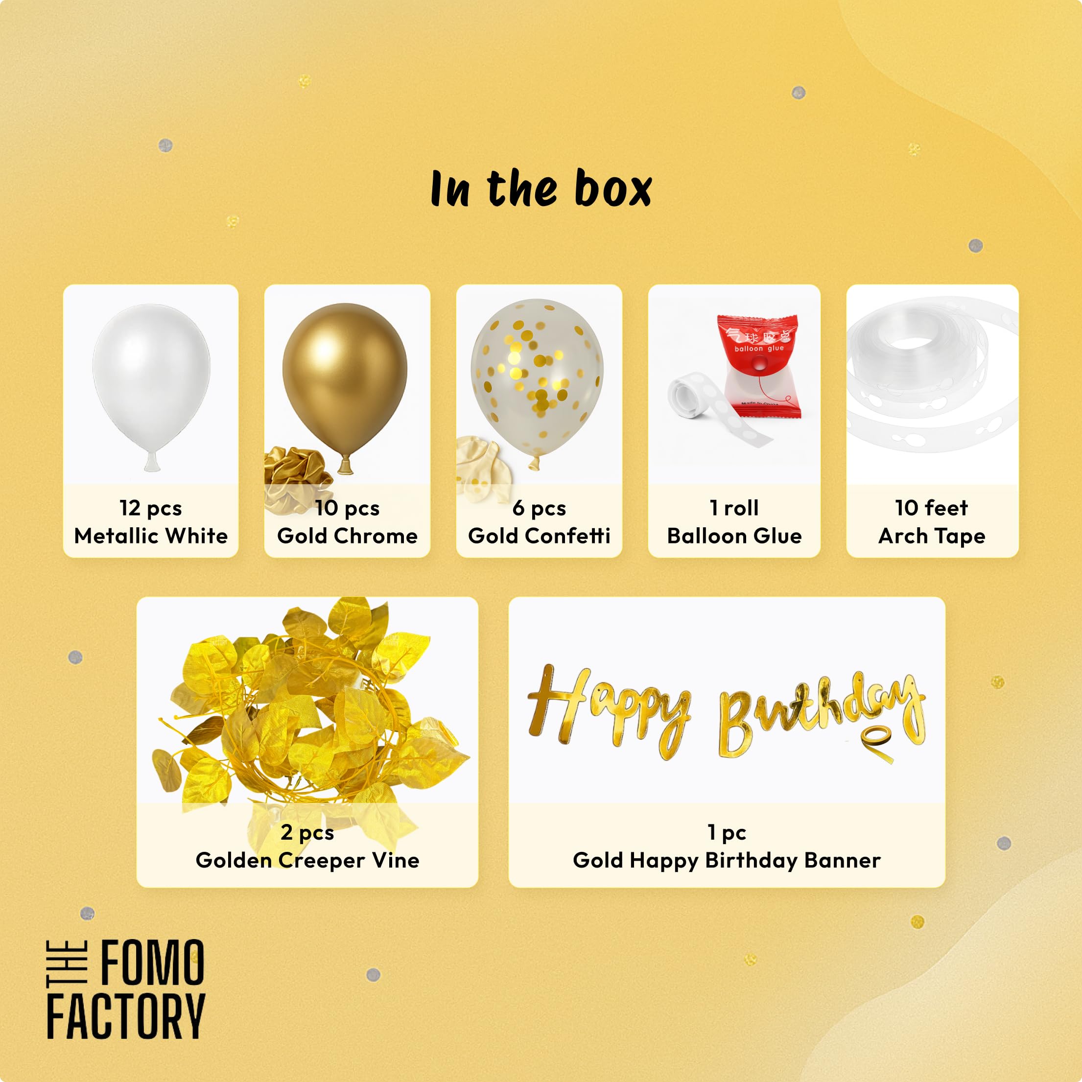 The FOMO Factory Golden Birthday Decoration Kit | Golden Balloons for Decoration, Banner, Aritficial Leaves, Confetti – Easy Unique Husband Wife Birthday Decoration Ideas – Surprise Party (GVine) 2