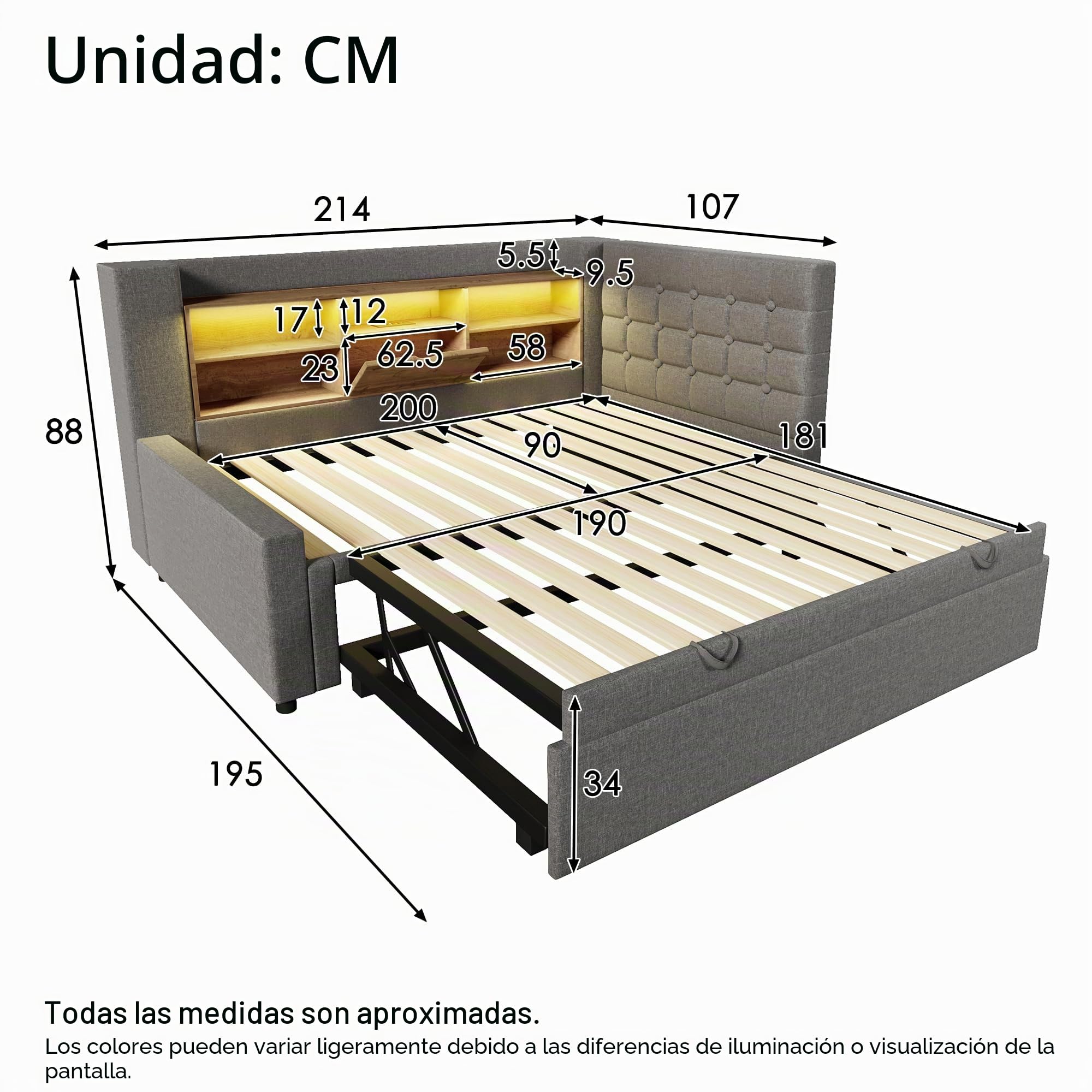Cama acolchada con iluminación LED, 90 x 200 cm, con cama nido 90 x 190 cm, cabecero en forma de L con espacio de almacenamiento, montaje en ambos lados, somier de listones, lino (gris-A)