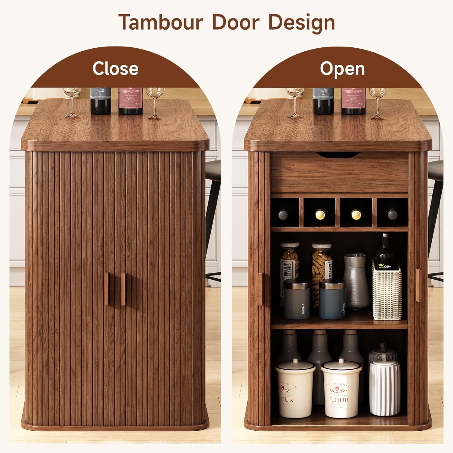 ONBRILL 59 Inch Kitchen Island with Storage, Fluted Counter Height Table, Mid-Century Modern Kitchen Island Table with Sliding Door, Home Bar Tables with Wine Rack and Drawers Walnut