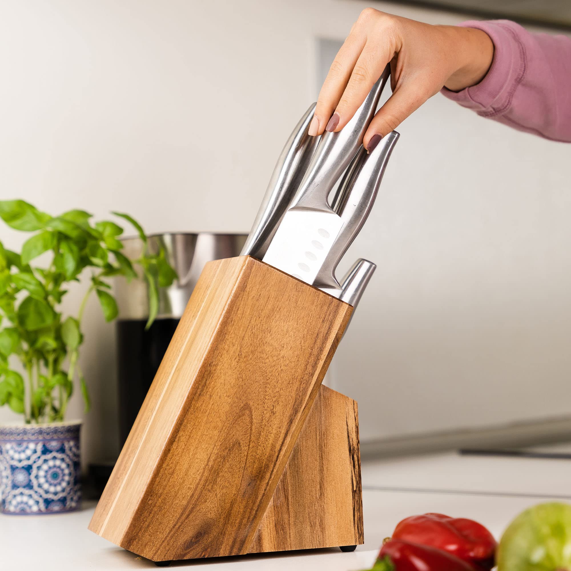 Coninx Knife Block Acacia Wood Safe & Easy Universal Knife Block