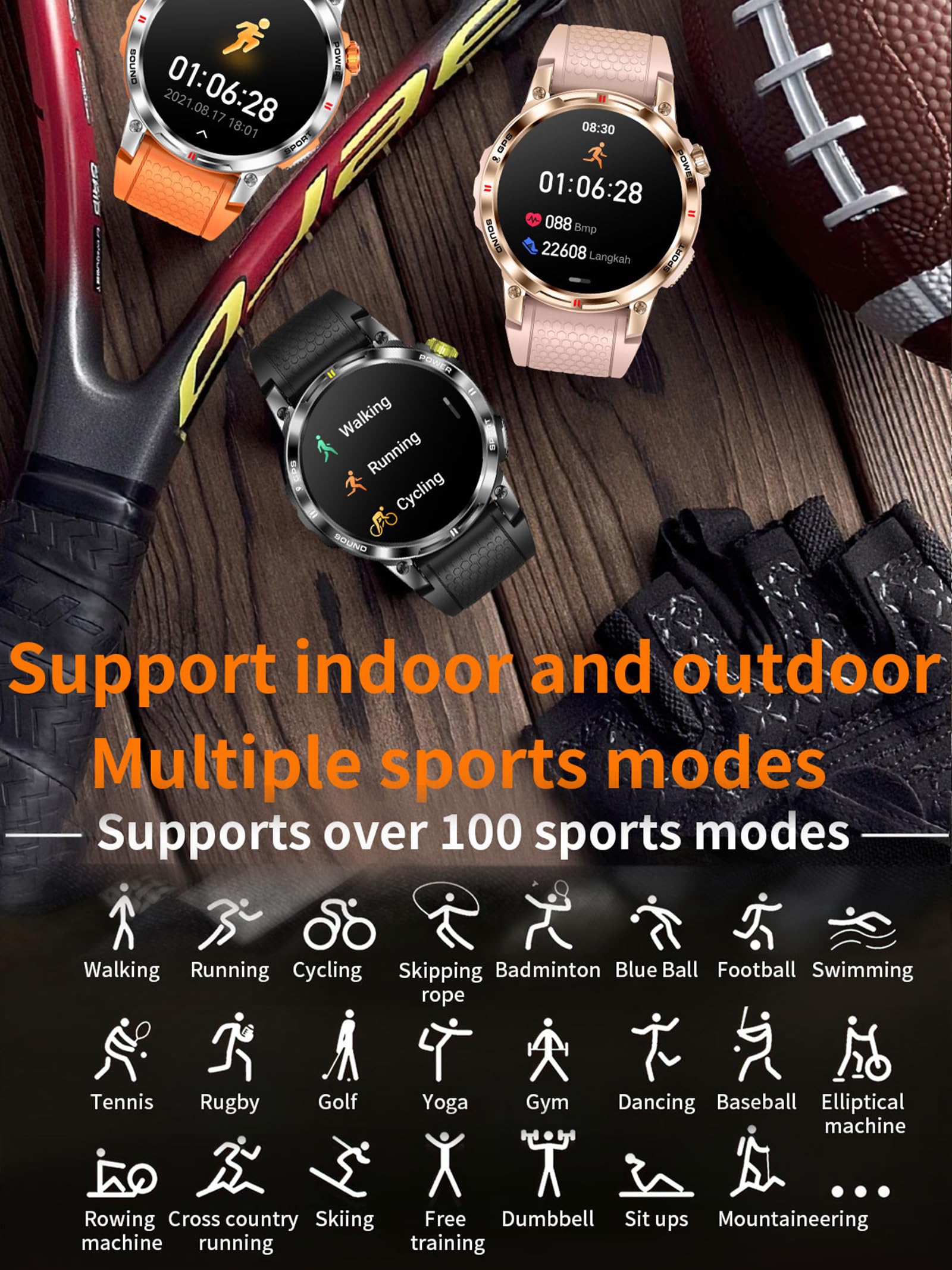 Montre connectée GPS pour homme et femme - Montre intelligente avec fonction téléphone - Podomètre - Montre militaire d'extérieur avec boussole - Montre de sport - Montre de sport - Montre de course