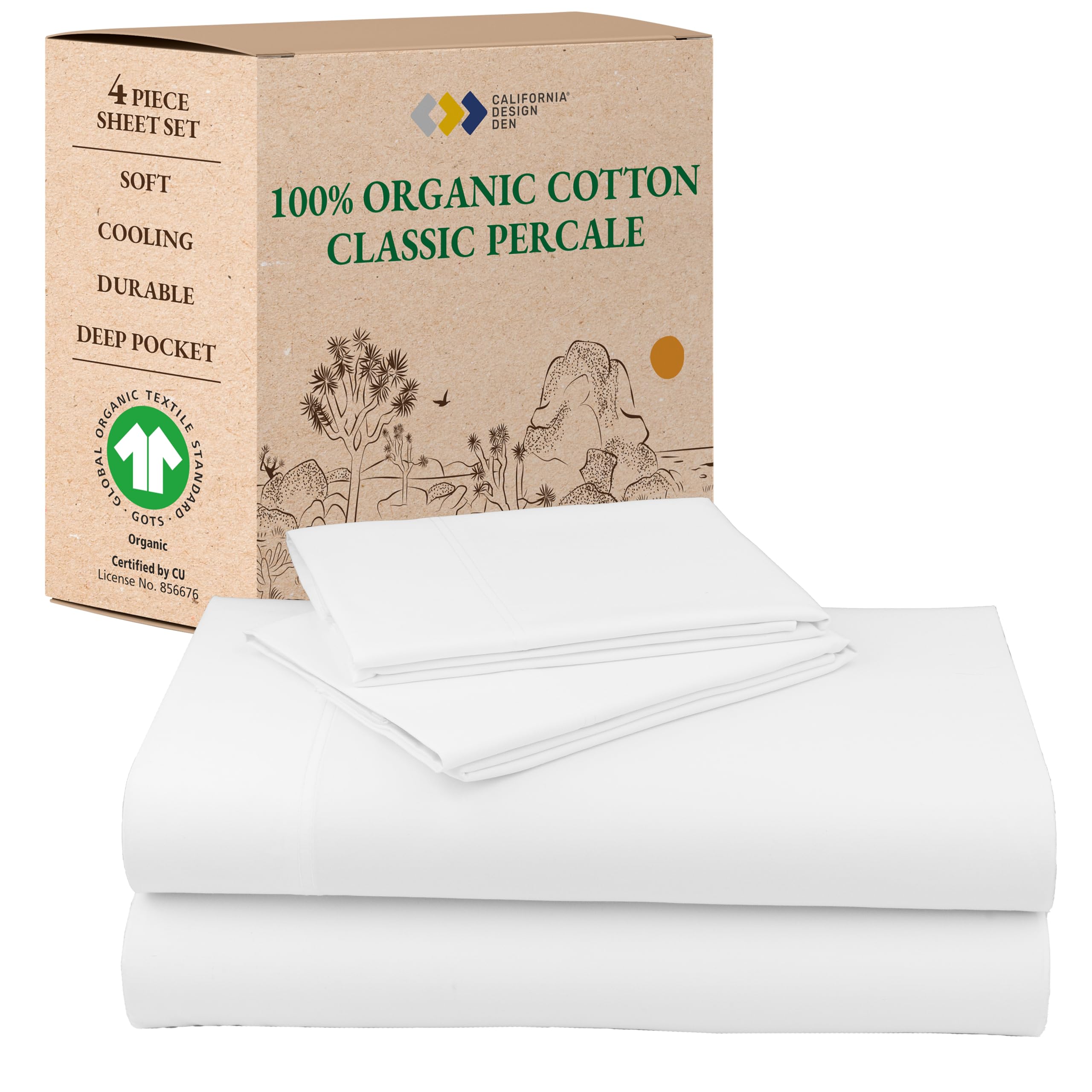 California Design DenKing Size Sheets Set - Soft 100% Organic Cotton, Crisp Percale Sheets with Deep Pockets, Breathable and Durable Bedding Set - White