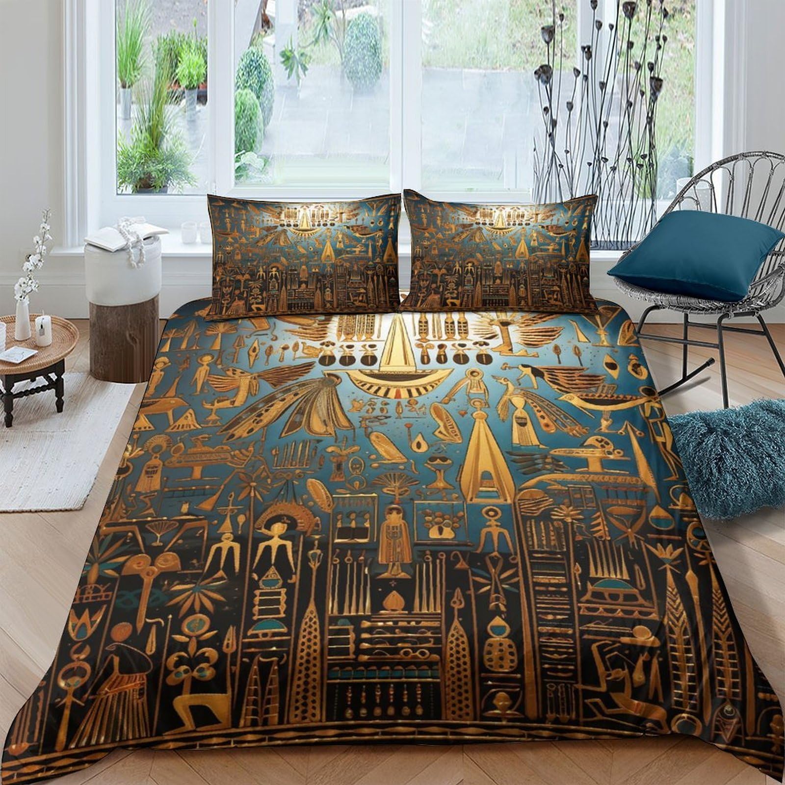 GPLZQXKJNH 3D Printed Ancient Egypt Duvet Cover Microfiber Soft Breathable Pyramid Golden City Bedding Set with 2 Pillowcases for Bedroom Decor Single（135x200cm）