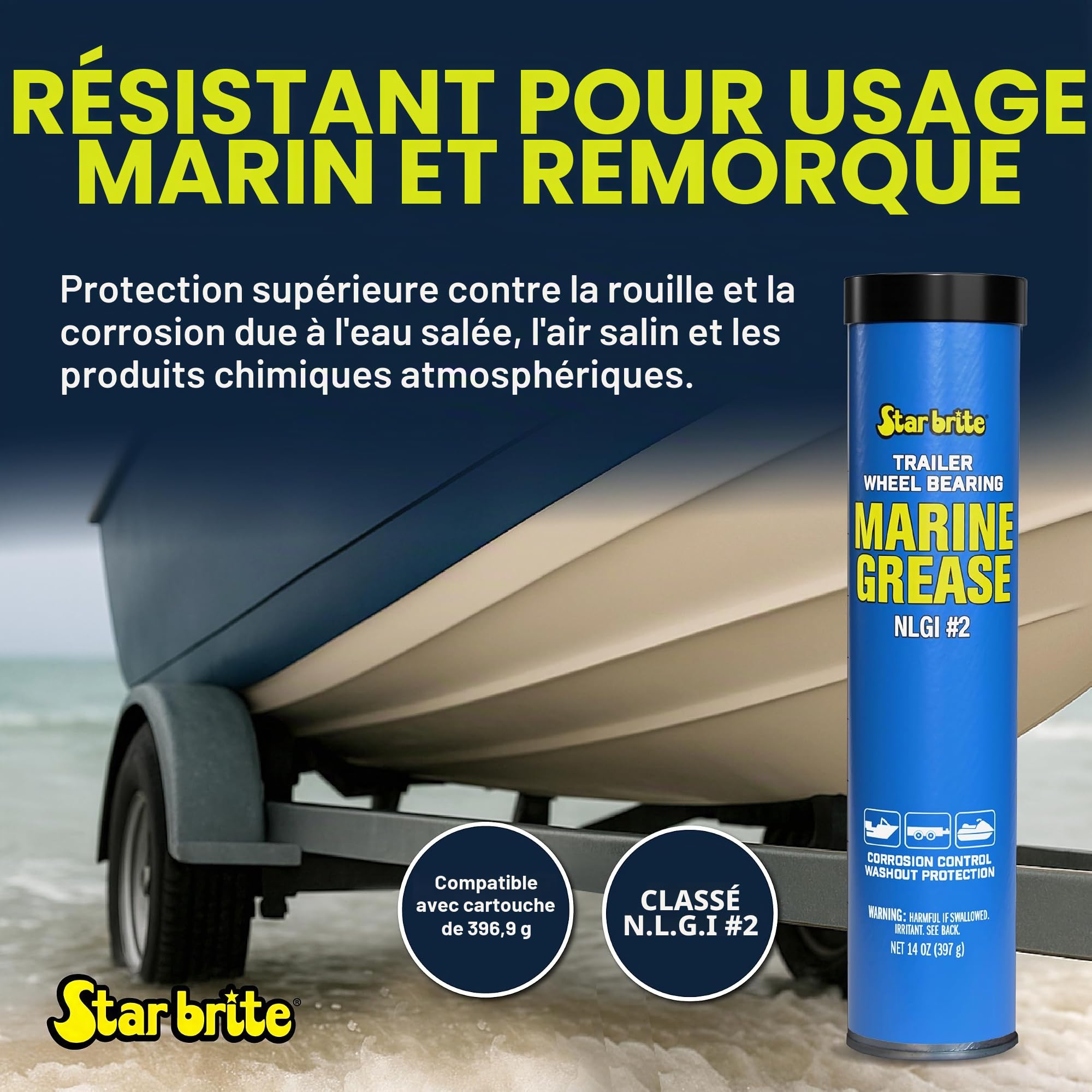 STAR BRITE Graisse Marine - NLGI #2 - Protège contre le Lessivage, la Rouille, la Corrosion et l'usure des Roulements de Roue, des Treuils, des Pompes, des Écoutilles de Bateau et plus encore