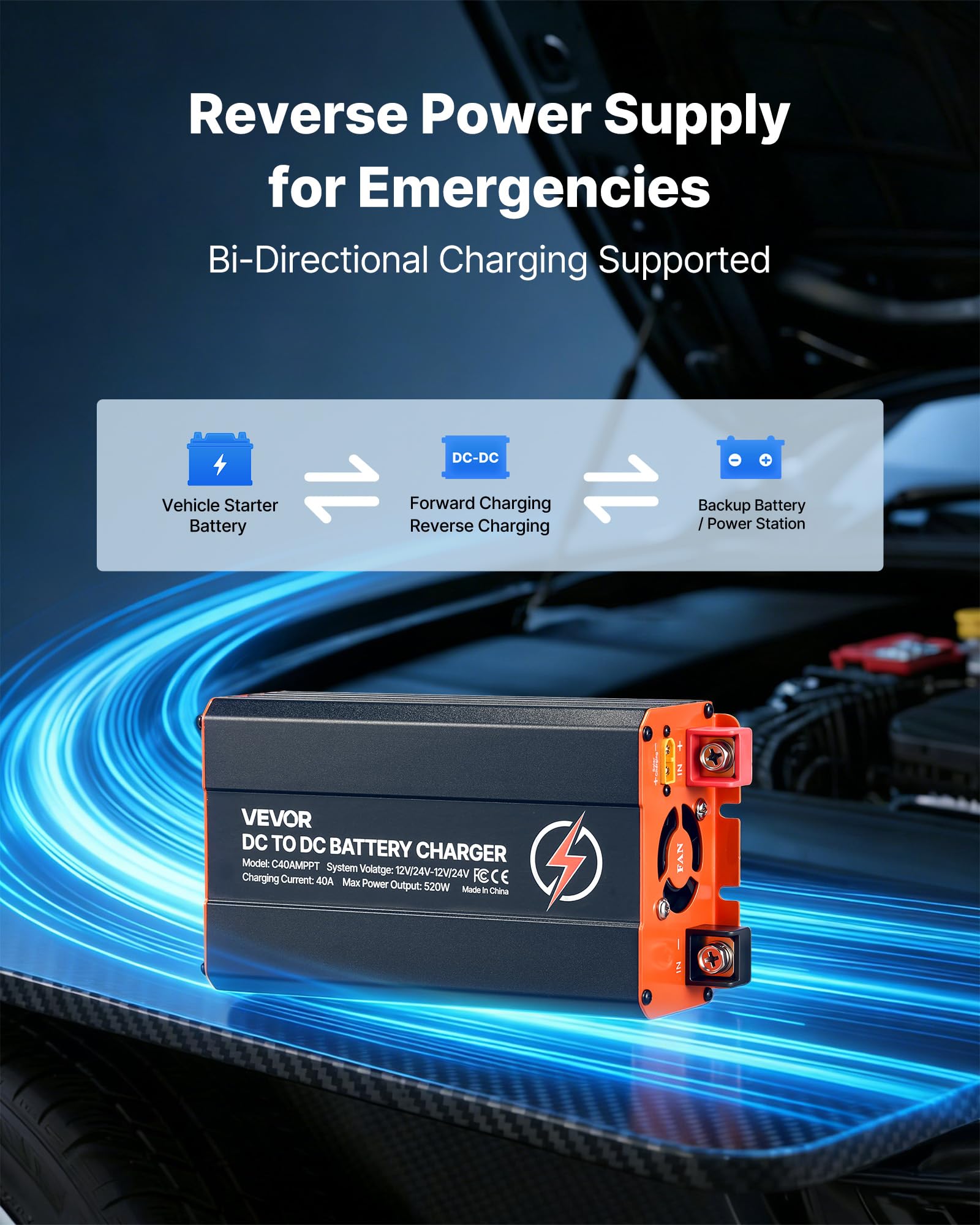 VEVOR DC-DC Batterieladegerät MPPT 520 W 40 A Ladebooster Dual-Eingang Solarpanel Lichtmaschine LiFePO4 Bleiakkus 12 V 24 V Wohnmobil
