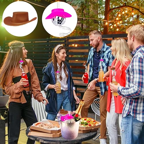 Miniatura 4 de 10 popotes de bola de discoteca con espejo, decoraciones de fiesta de discoteca de los años 70, mini sombrero de vaquera, pajitas de cóctel para