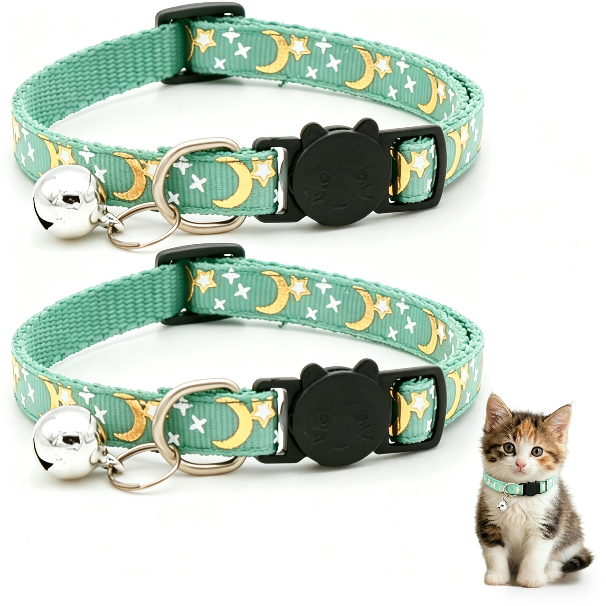 Reflective Adjustable Cat Collar with Bell, Moon Star Print Kitten Collar with Safety Breakaway Buckle, Cute Cat Collar for Cats Kittens, Multiple Colors Available (2 Pack)