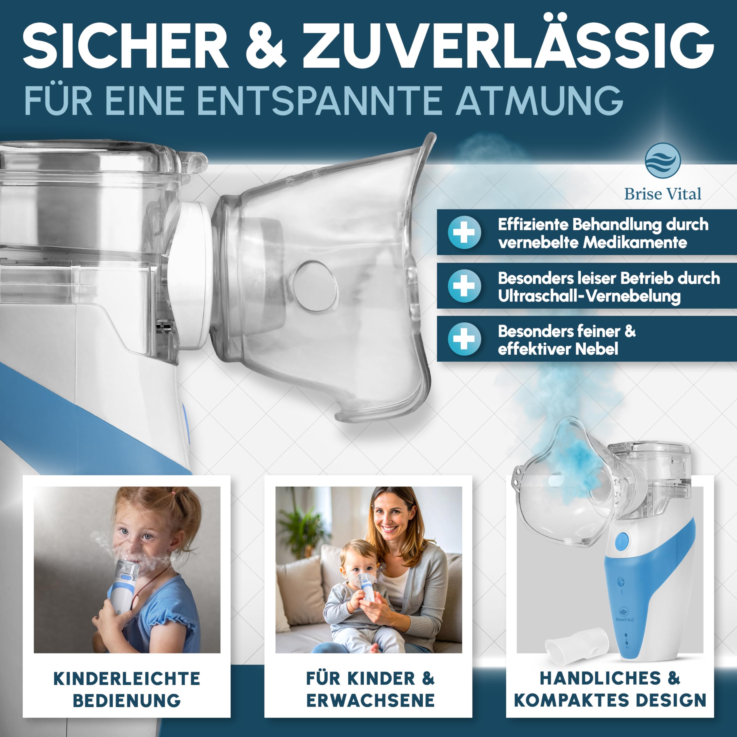 Premium leises Inhalationsgerät für Kinder & Erwachsene - Mesh Nebulizer Vernebler,aufladbar und starkem Akku, Inhaliergeräte für Erwachsene, Inhalator, Inhalationsgerät Kinder,Inhalationslösung
