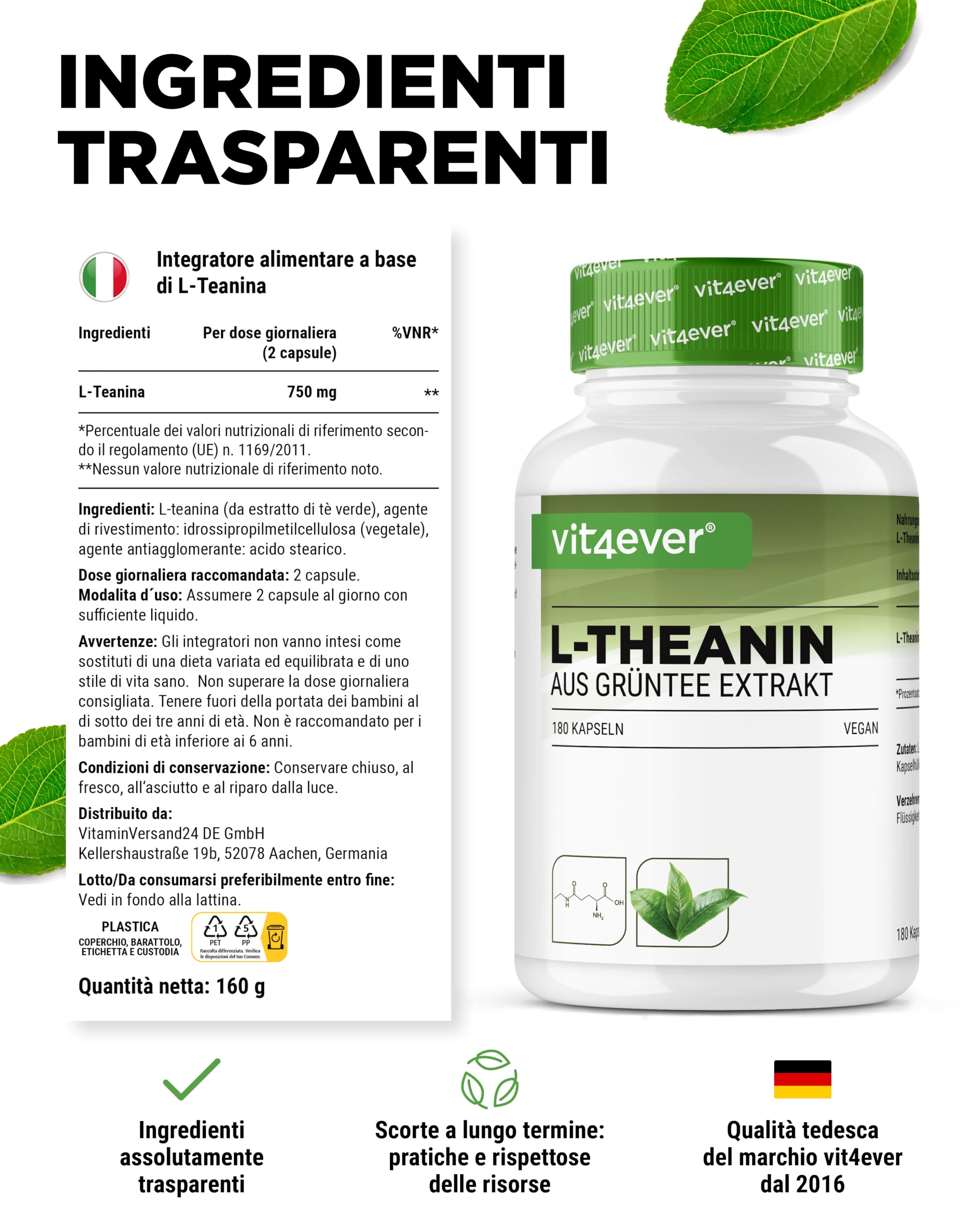 L-Teanina - 180 capsule - 750 mg per dose giornaliera - Da estratto naturale di tè verde - Alta dose - Vegana