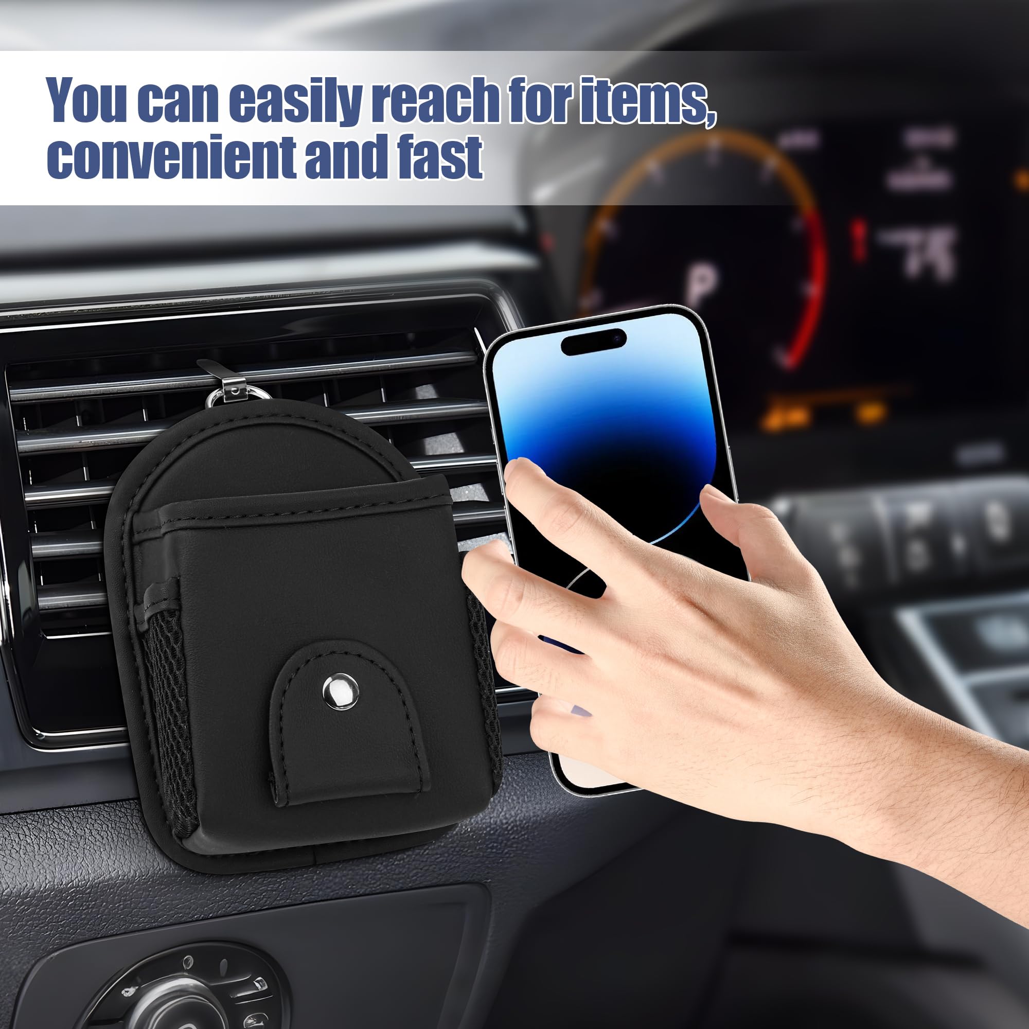 Poche De Rangement Pour Grille D'aération De Voiture | Organiseur Pour Lunettes, Téléphone, Clés | Cuir PU Noir