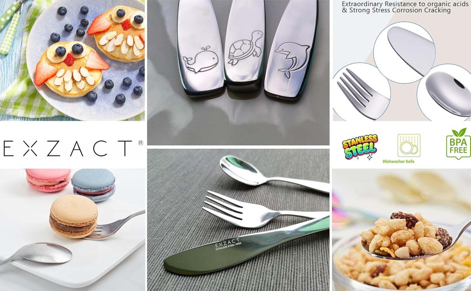 EXZACT Children’s Flatware 18pcs Kids Silverware, Toddlers Utensils, Stainless Steel Utensils, 6 Forks, 6 Table Knives, 6 Spoons, Dishwasher Safe, BPA Free, 24M+ (Ocean x 18)