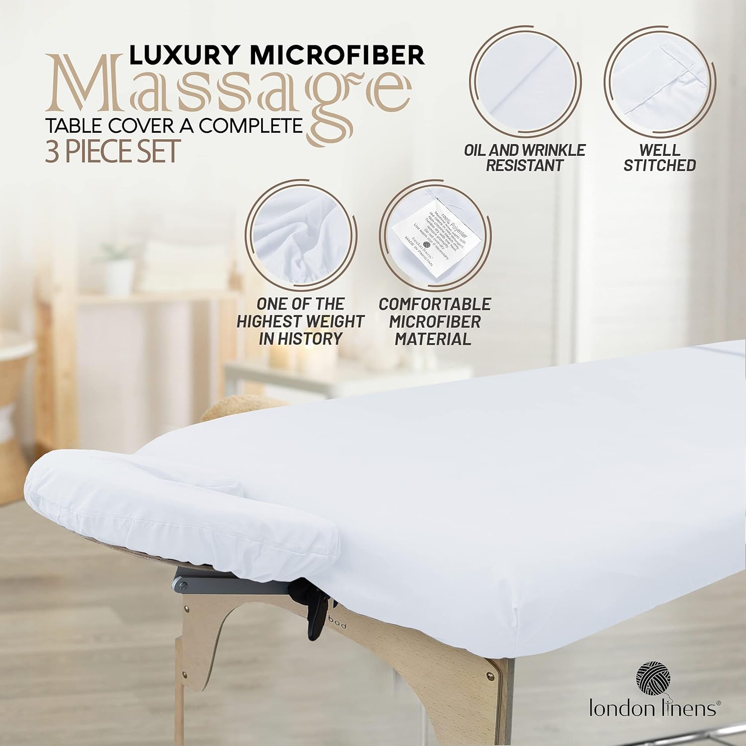 LONDON LINENS Pack of 2 Soft Microfiber Massage Table Sheets 3 Piece Set - Includes Massage Table Cover, Massage Fitted Sheet, and Massage Face Rest Cover (White)