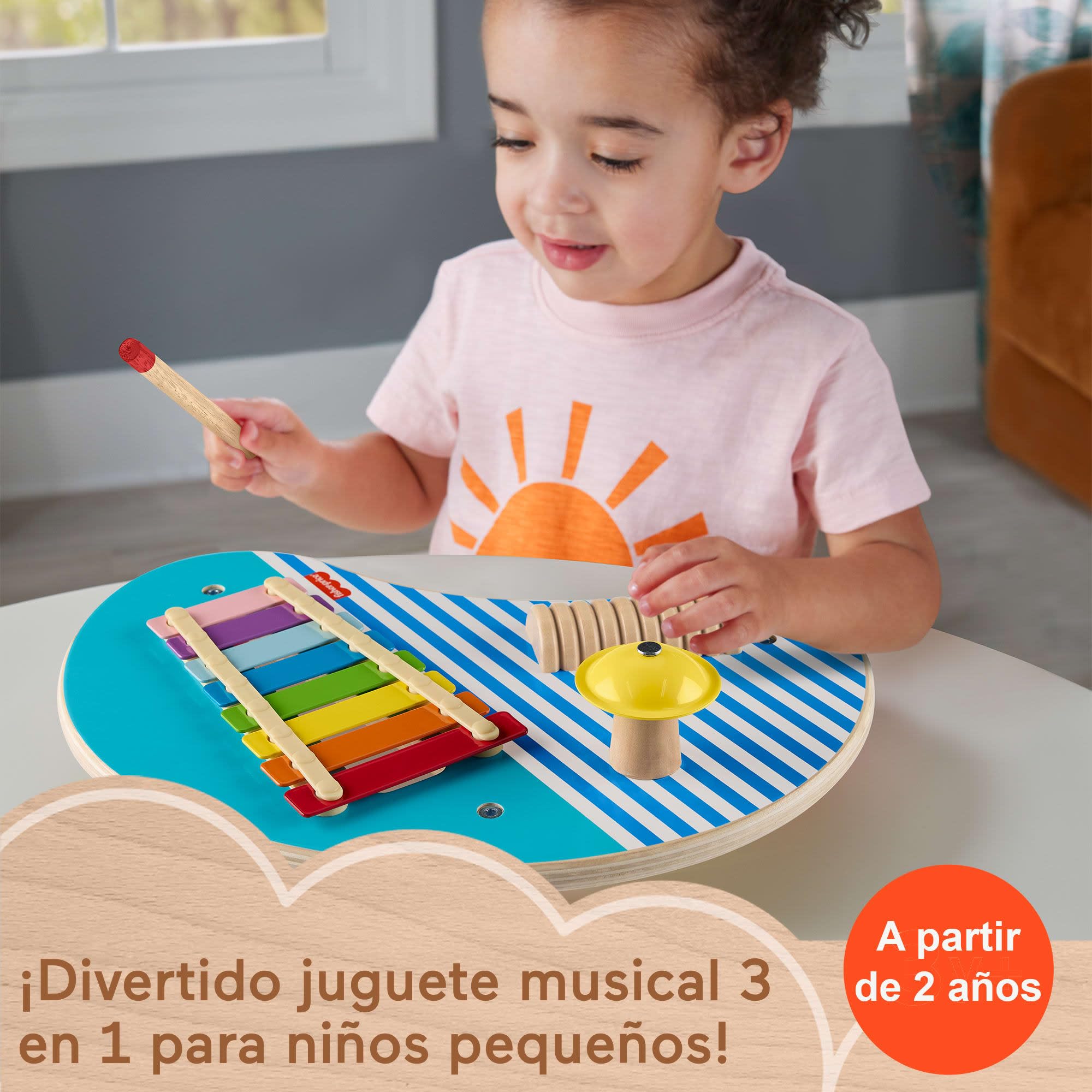 Fisher-Price Mesa de madera con 3 instrumentos de percusión, incluye xilófono, platino y güiro, fabricado en material certificado FSC, +2 años (HXT91)