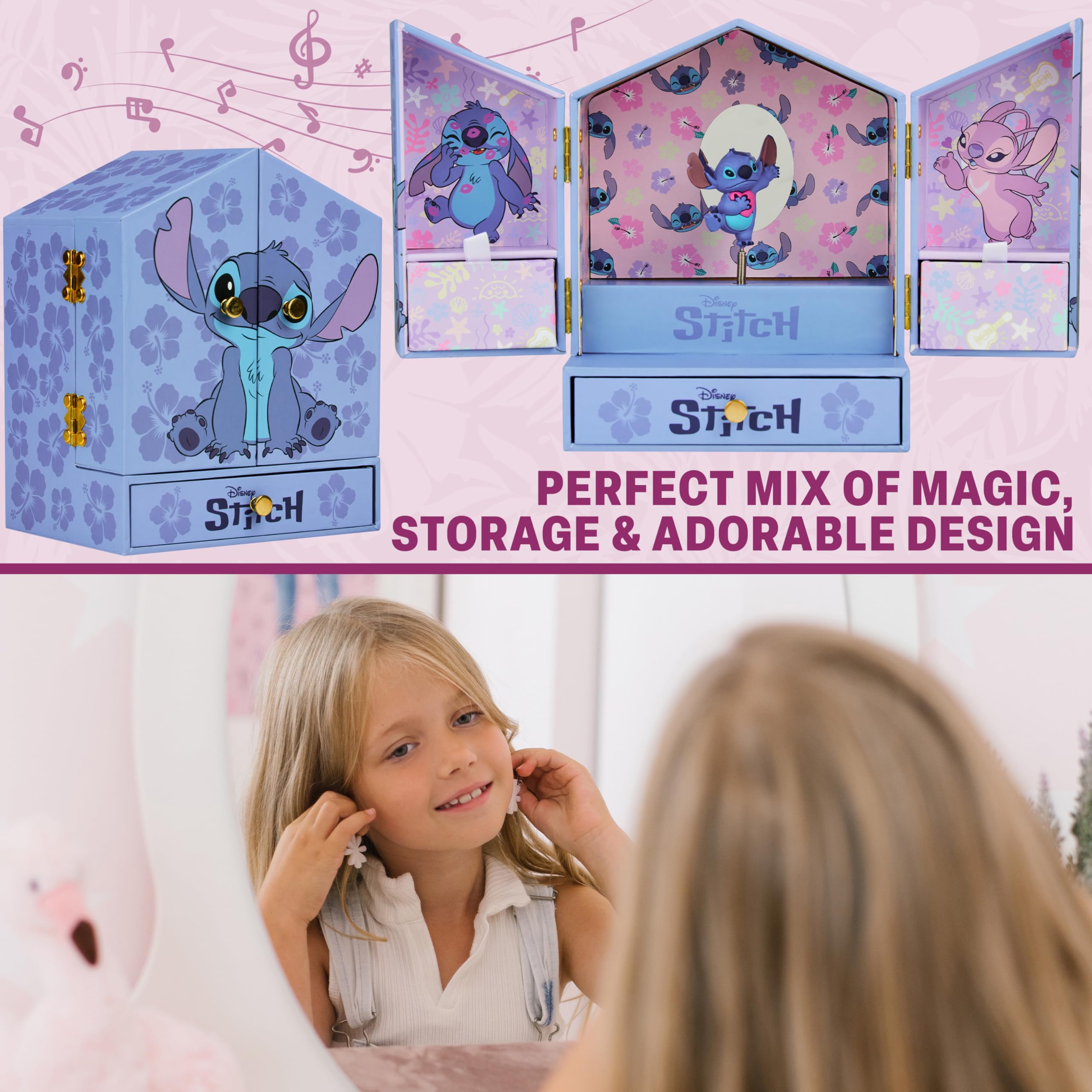 Get Trend Disney Stitch Musical Jewellery Box Girls Gift Ideas Tweens Bedroom Decor Wind Up Music Box with Mirror and Storage Drawers Gifts for Her (Blue Stitch) - Image 2