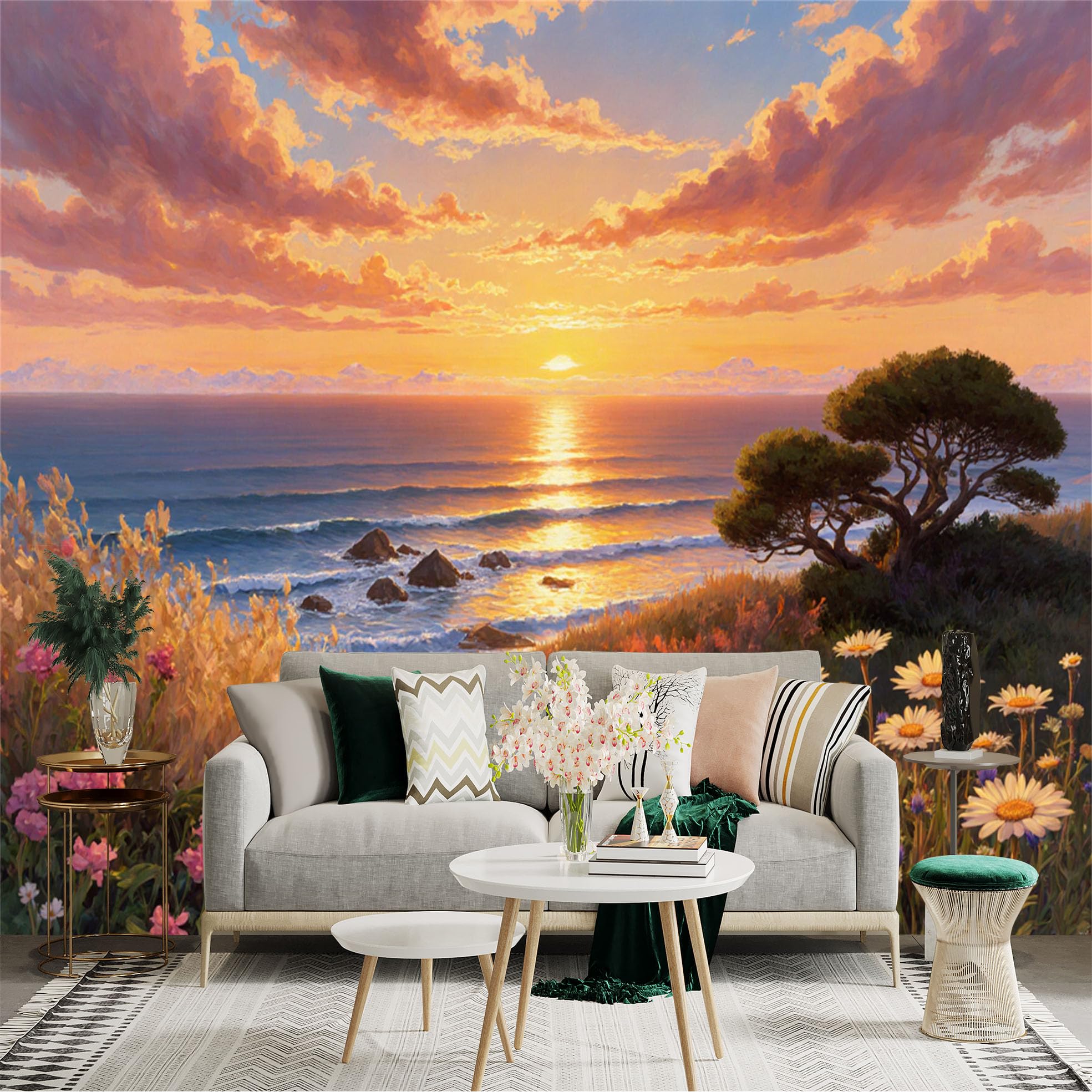 Lnzczhyre Xc260505251 Custom Size Wall Sticker Mural， Golden Sunset Over Coastal Ocean， Scenic Seascape With Wildflowers And Tree， For Wall Decoration， Peelandstick Wall Decals.