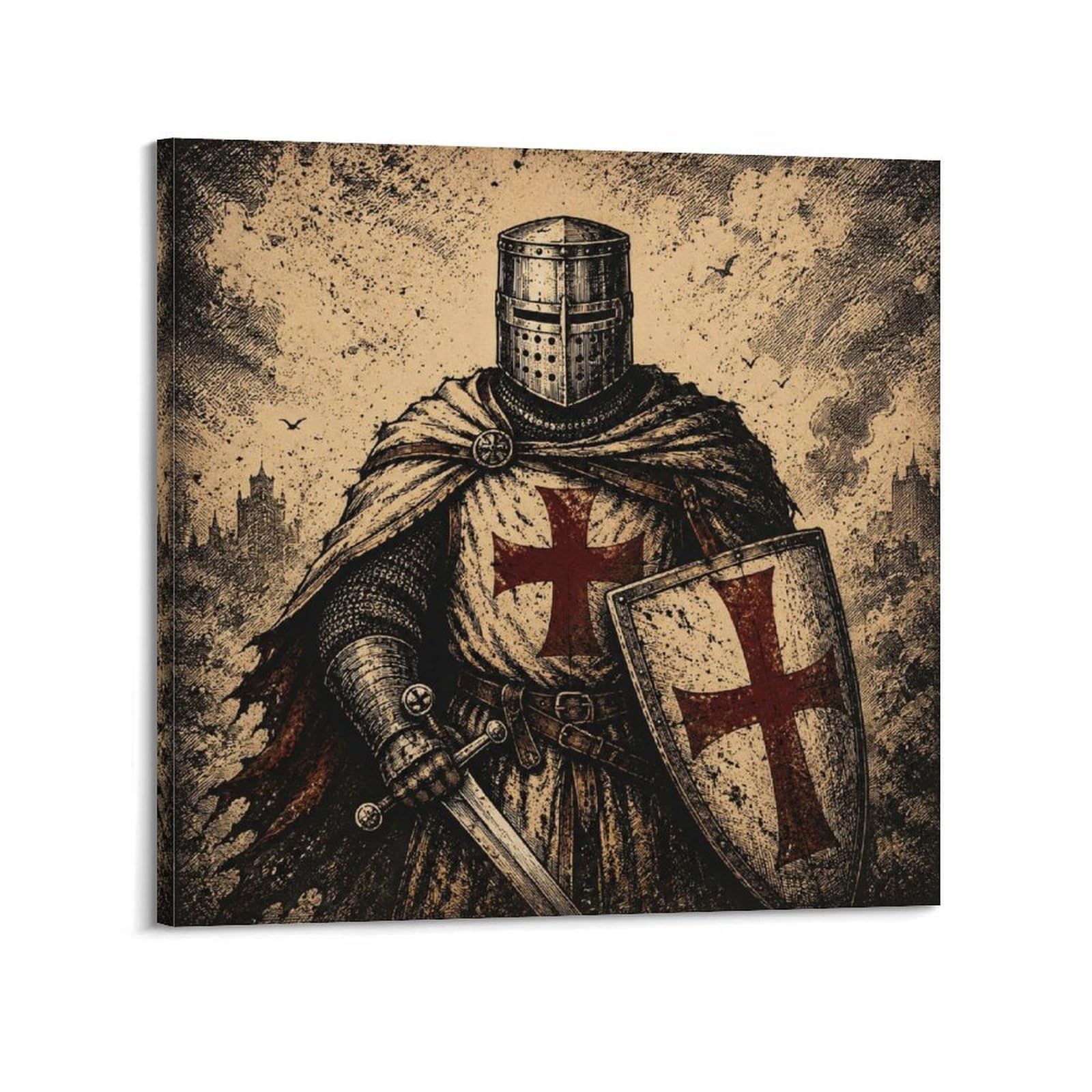 XKUGA Woodcut Gothic Poster Crusader Knight Red Cross Vintage Armor Modern Decorative Canvas Prints - Ideal Wall Art for Family, Man Cave, Game Room, Boys & Girls Bedroom 12x12inch(30x30cm)