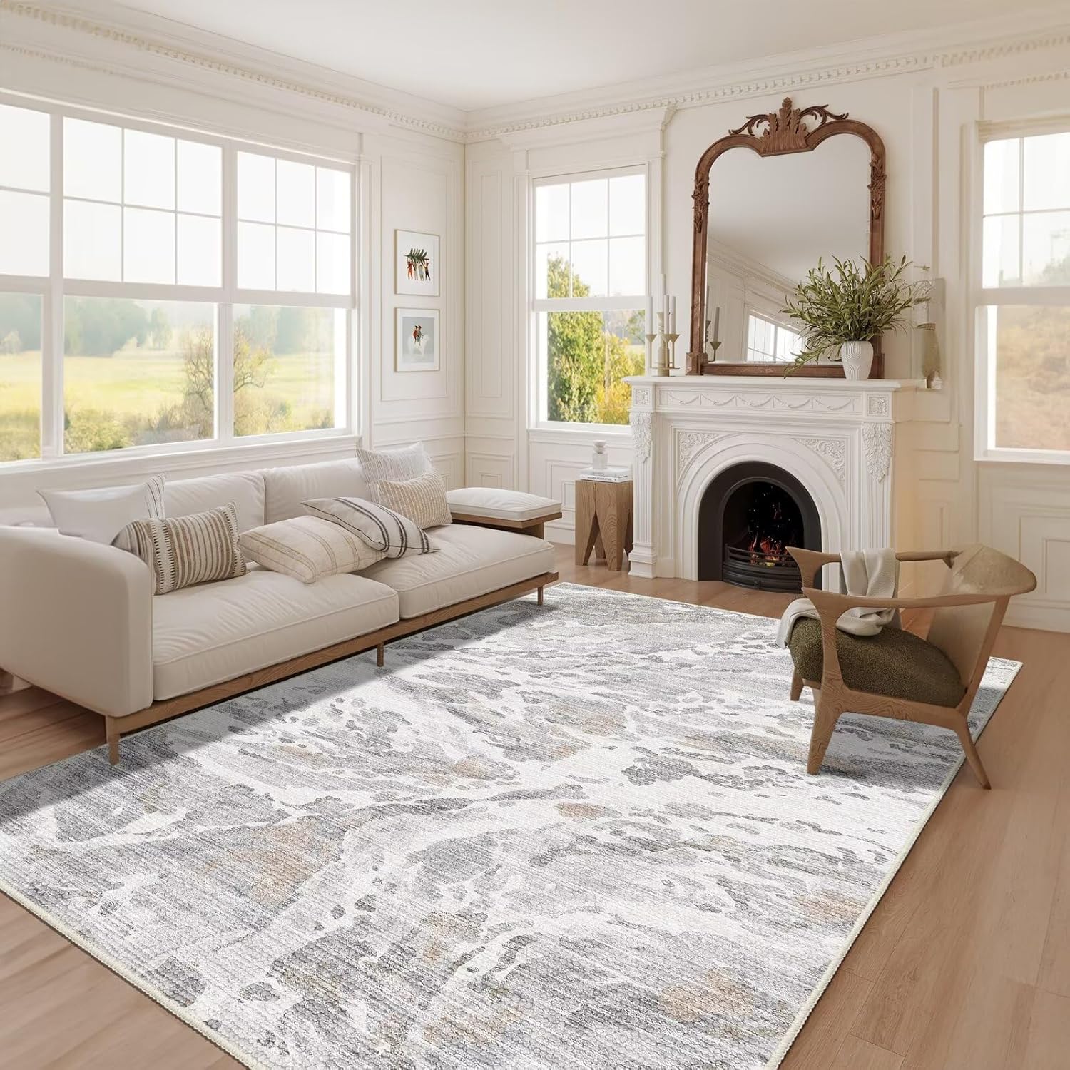 DEXDE 5x7 Area Rug for Living Room Bedroom, Washable Modern Abstract Non Slip Large Soft Rugs Low Pile Floor Carpet for Dining Room Bedroom Kitchen Office Nursery Playroom, Grey