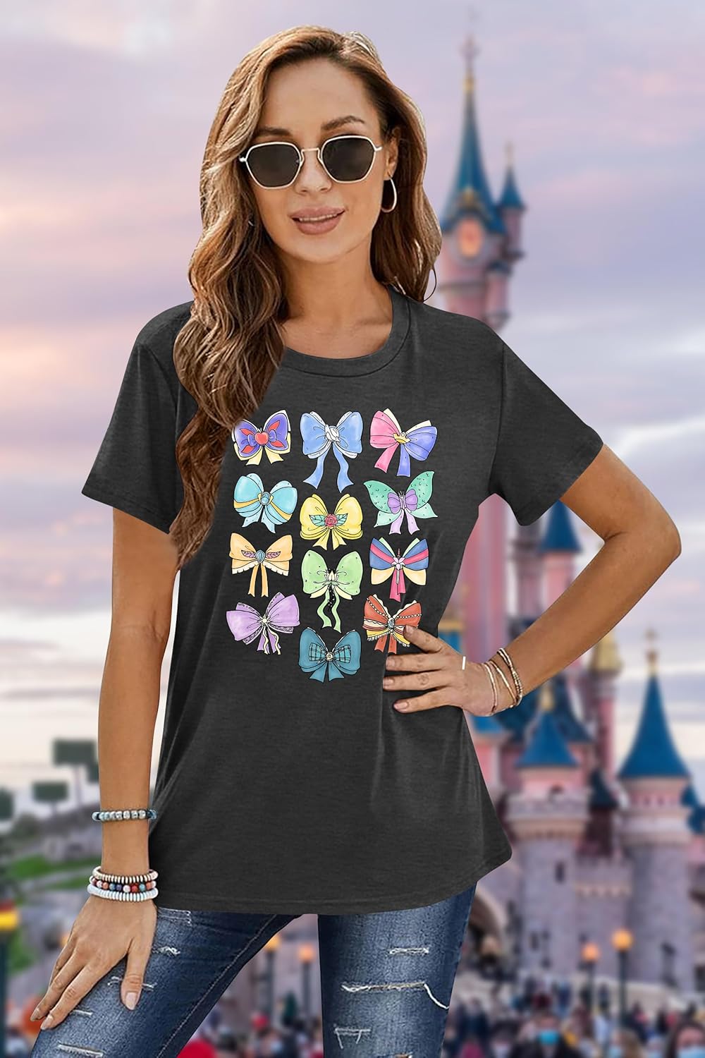 LAZYCHILD Magical Shirts for Women: Magic Kingdom T-Shirt Princess Bow Shirt Family Vacation Holiday Short Sleeve Tops - Image 2