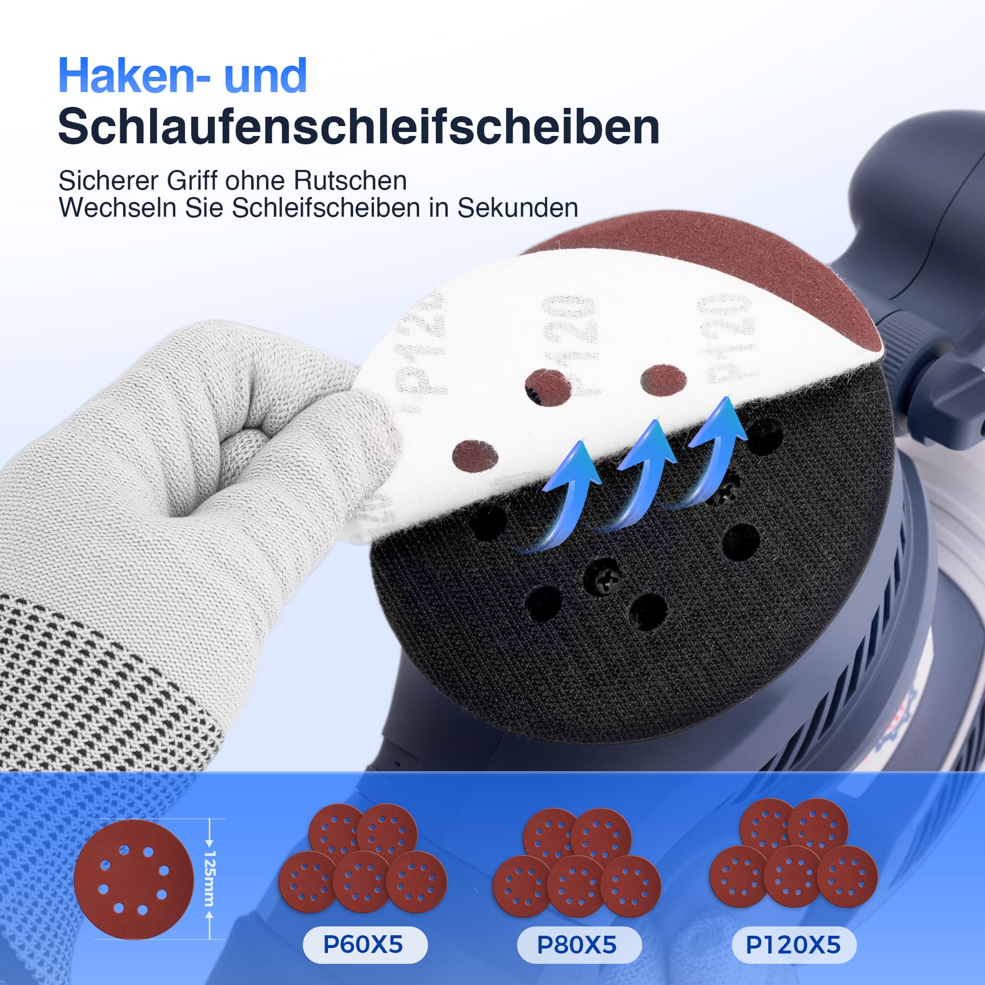 Exzenterschleifer 450W mit Bremse, 125mm Schleifmaschine für Holz mit Staubabsaugung, Schleifmaschine mit Verstellbarem Griff, 15 Schleifpapier, 6 Geschwindigkeiten 13000 U/min