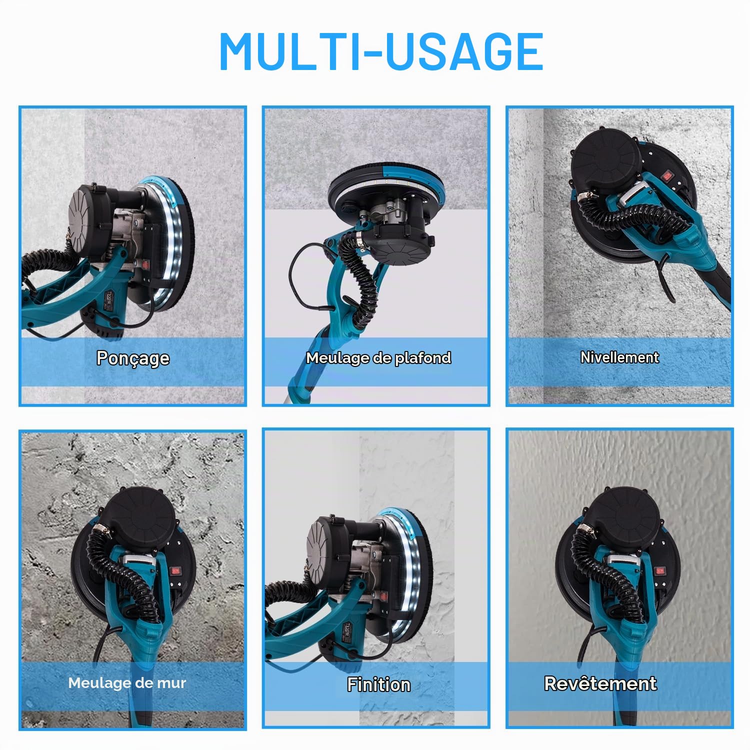 KATSU Tools Ponceuse Électrique pour Cloisons Sèches 800W avec Poignée Télescopique Pliable, Aspiration Automatique de la Poussière, Lumière LED, Vitesse Variable, dans un Étui