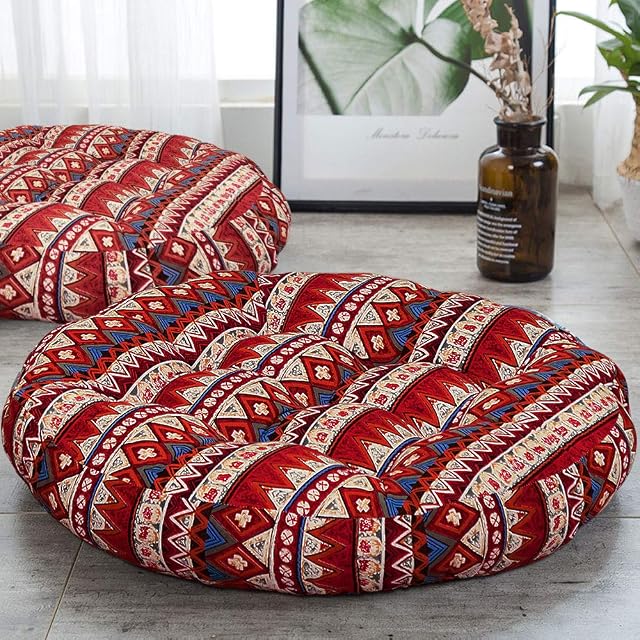 Large Round Floor Cushion, Boho Meditation Cushions Large Mandala Round Cushion, India Seating Cushion for Living Room Reading Book Nursery Room Balcony, 22 Inch, Stripe Red