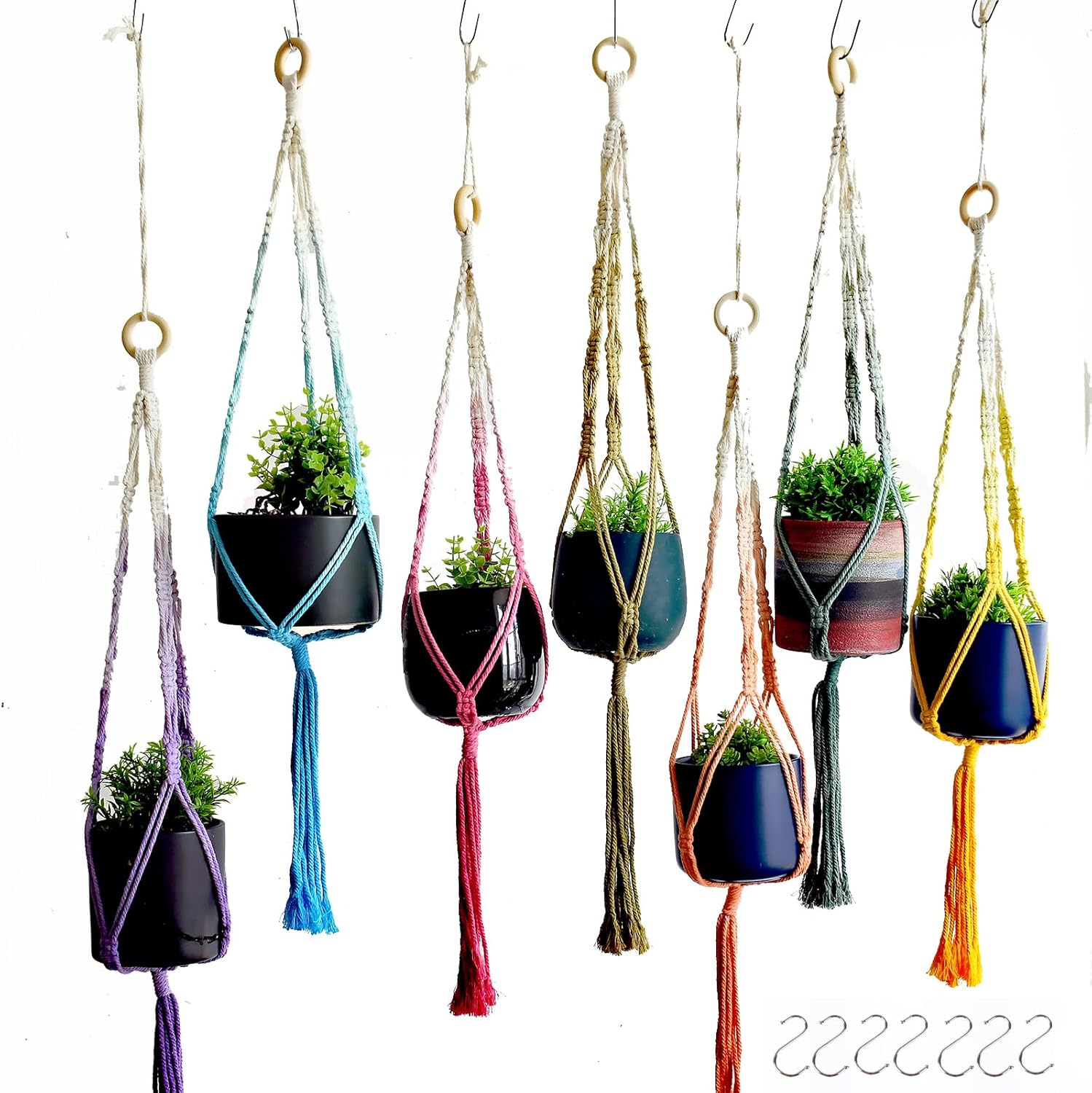 7-Pack Boho Plant Hanger, Macrame Pot Holder, Art Gradient Dyeing Colorful Pot Hanging with Wooden Ring, dip dye Planter blasket Decor, 7 Rainbow Colors 33″(no Pot & Plant Included)