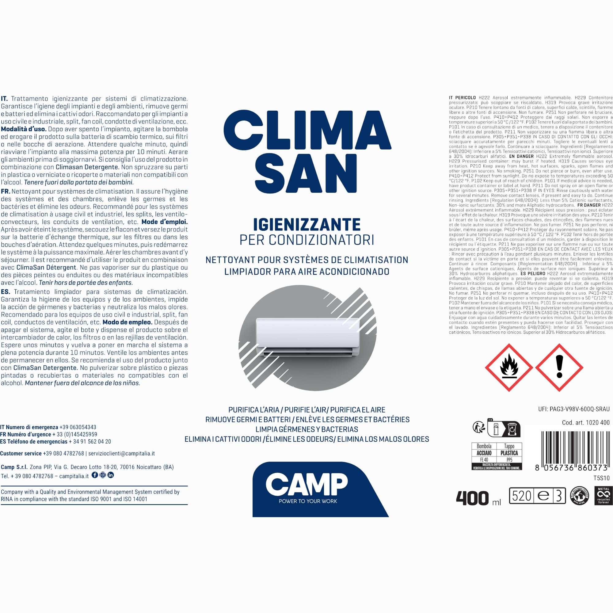 CAMP CLIMASAN Spray Nettoyant des Climatiseurs, À Base D’Alcool, pour la Maison et la Voiture, Purifie l’Air et Neutralise les Mauvaises Odeurs, Pack 6x 400 ml