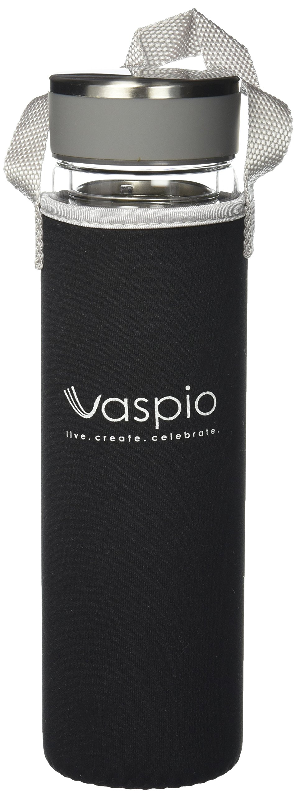 Double Wall Borosilicate Glass Water Bottle Stainless Steel Top with Colorful Neoprene Sleeve for Hot or Cold with Removable Stainless Steel Basket Strainer (Black)