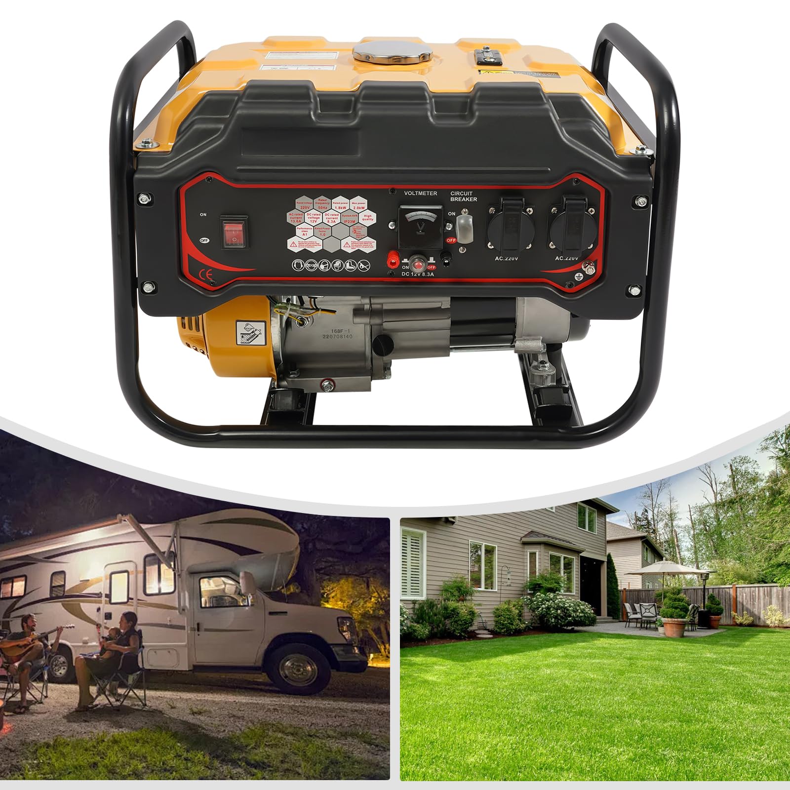 Generador de electricidad, 2000 W, generador de gasolina de 4 tiempos, motor de accionamiento de 6,5 CV, depósito de 15 l, generador de corriente de emergencia para camping, construcción, casa de