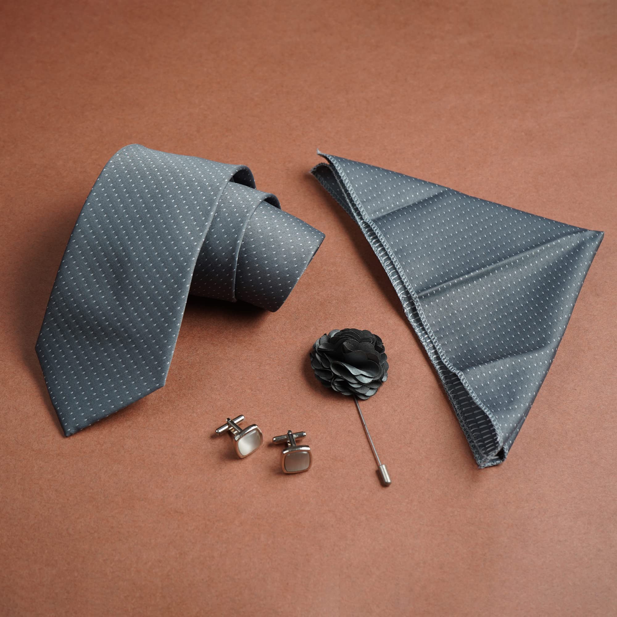RIZORO Tie for Men – Dotted Silk Neck Ties Set with Cufflinks Flower Pin, Pocket Square & Black Gift Box, Combo Necktie Sets for Office Wear, Formal Suits & Weddings (Grey, D1GYRX) 4