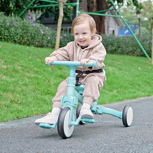 Vista 8 de Triciclo 5 en 1 para niños pequeños con mango de dirección, para niños de 1, 2, 3 y 4 años, triciclo para niños con pedales extraíbles, primer
