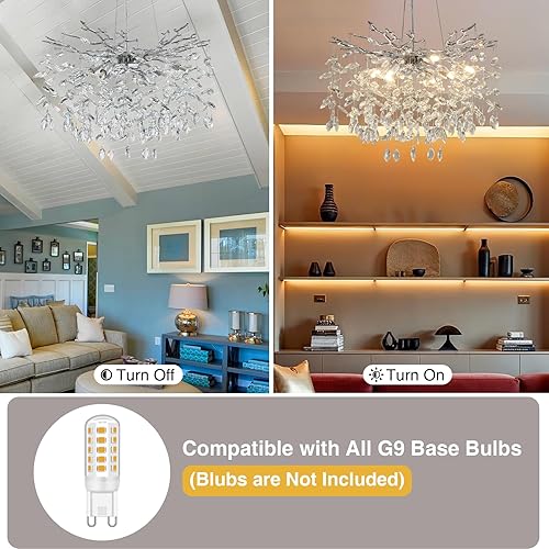 Miniatura 6 de YUYI Candelabros modernos de cristal para comedor, ramas de árbol plateado, lámpara redonda de lujo con gotas de lluvia de techo alto, lámpara