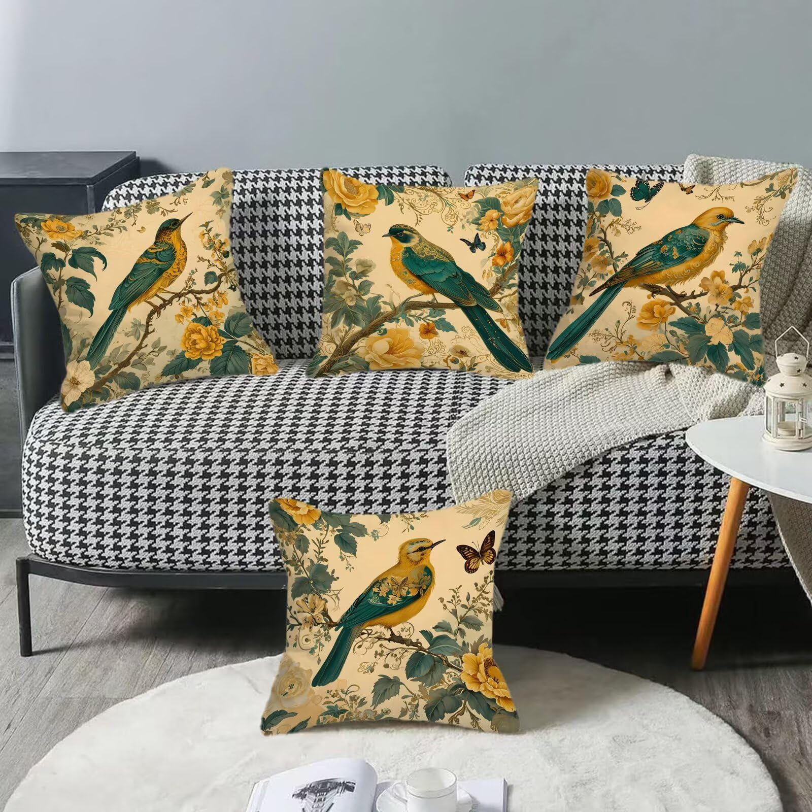 Federe per Cuscini Esterni Impermeabili Lino65 x 65 cm Set di 4, Doppio lato Quadrata Traspirante Cuscini Uccello retrò Primavera Estate Copricuscini, per Soggiorno Giardino Decorazione Regali I-s244