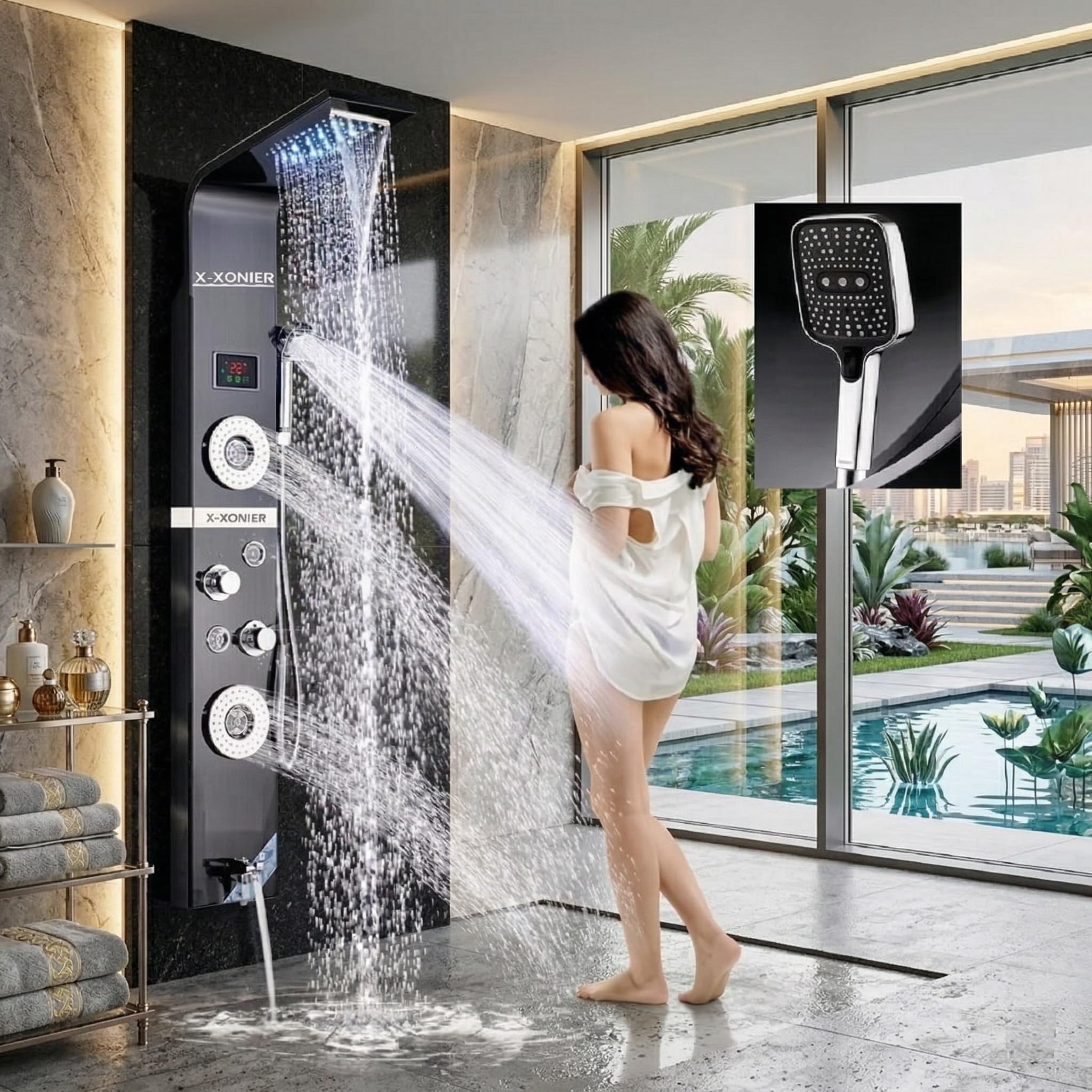X-XONIER® Stainless Steel 304 Grade Shower Panel 6 in 1 Tower System With LED Rainfall Shower Body Massage Spray SS Handheld Shower Temperature Display Easy Connect Shower Panel. (Black)-image-23