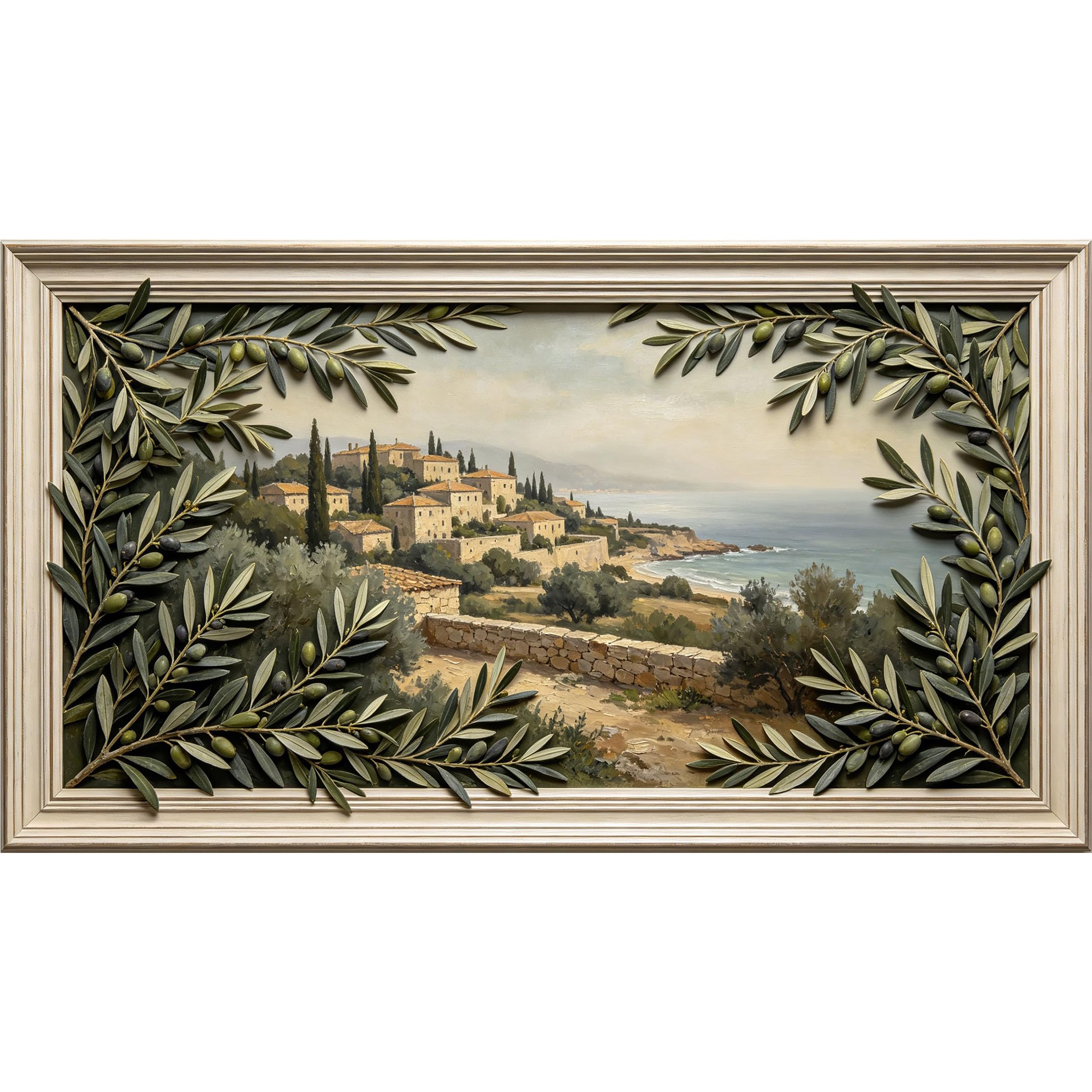 QZLITHOTIC 50×90cm3D Framed Wall Art， Coastal Mediterranean Landscape Olive Branch Frame Oil Painting Self?Adhesive Mural， Water?Activated Peel & Stick Fabric Decor Wall Decal for Bedroom Living Room