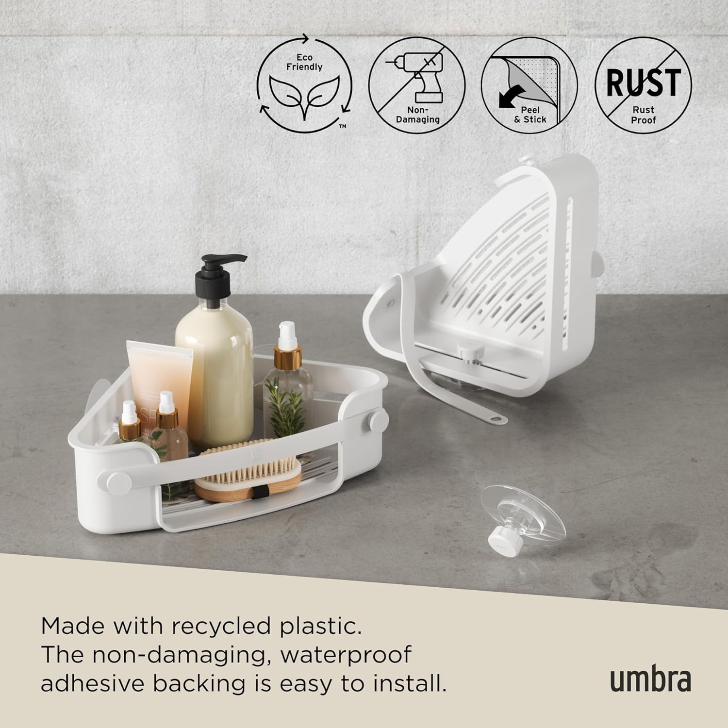 Umbra Flex Adhesive Shower Corner Shelf with various bath products and a hanging loofah.