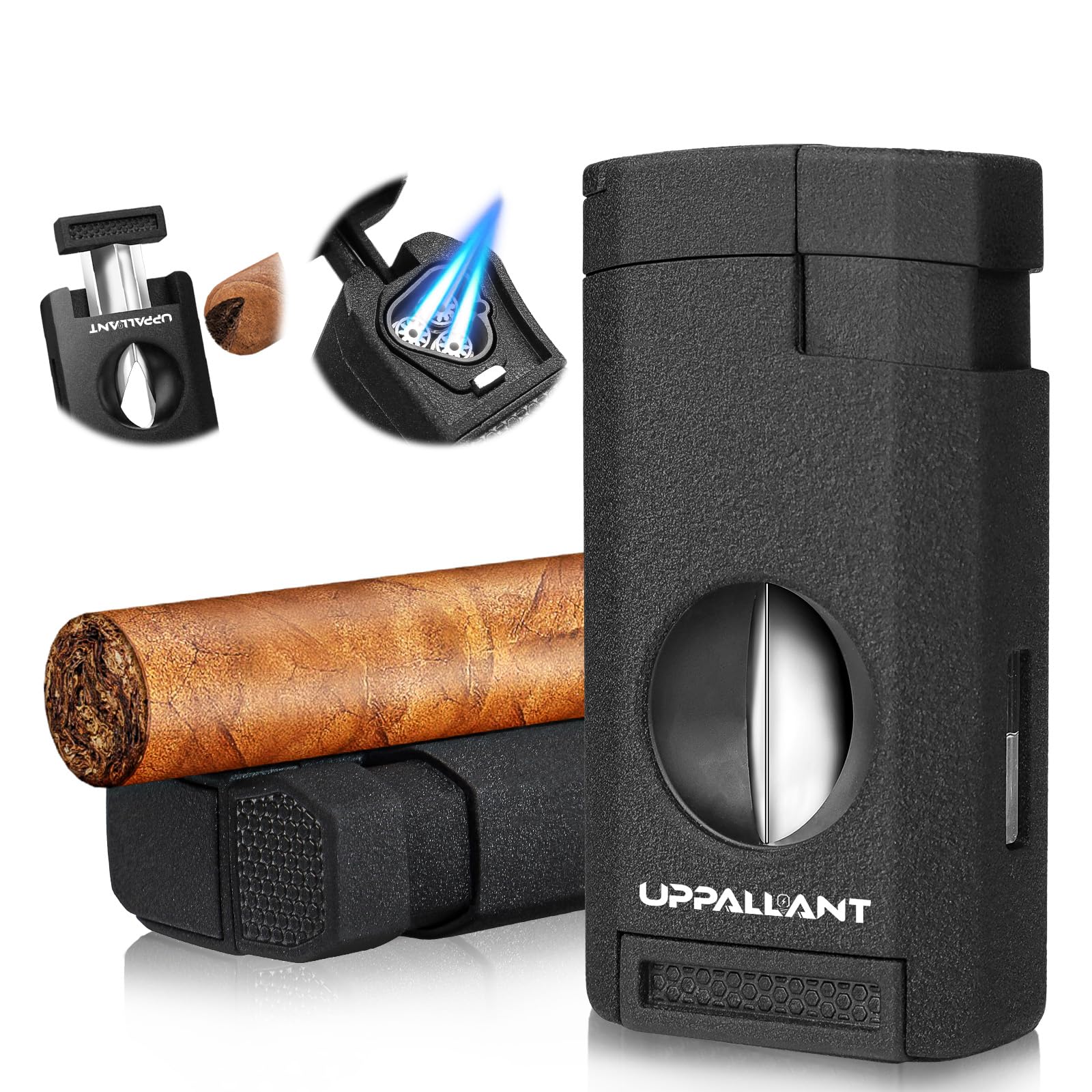 All-in-one Cigar Lighter, Torch Lighter with Cigar Cutter V Cut & Cigar Holder, Cigar Gifts for Men, Refillable Triple Jet Flame Windproof Butane Lighter, Cigar Accessories, Cool Lighters for Smoking