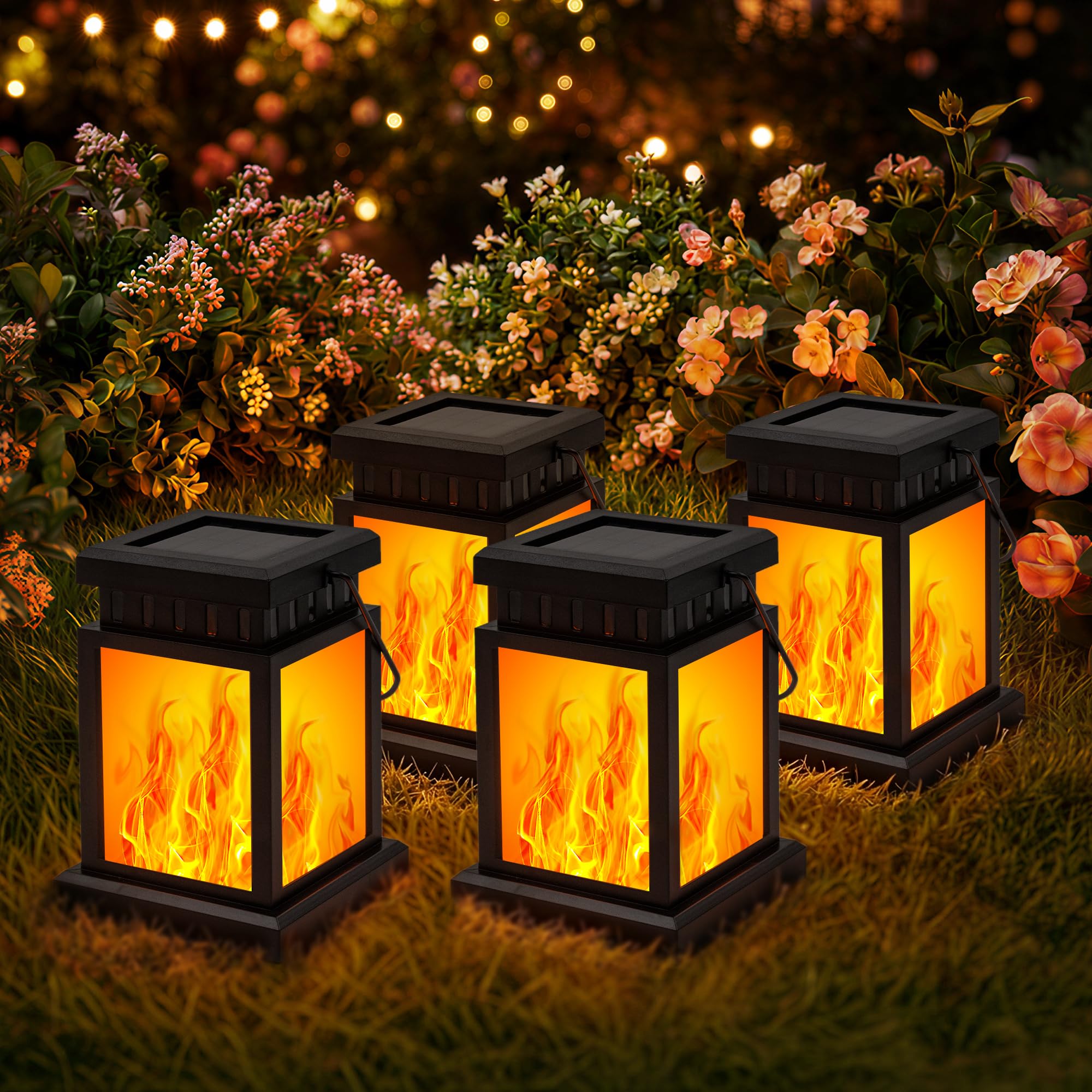 GIGALUMI Lot de 4 lampes solaires à suspendre pour l'extérieur, Effet de flamme, Étanche IP44, Décoration de jardin pour l'extérieur, Résistant aux intempéries, Lampes solaires pour patio