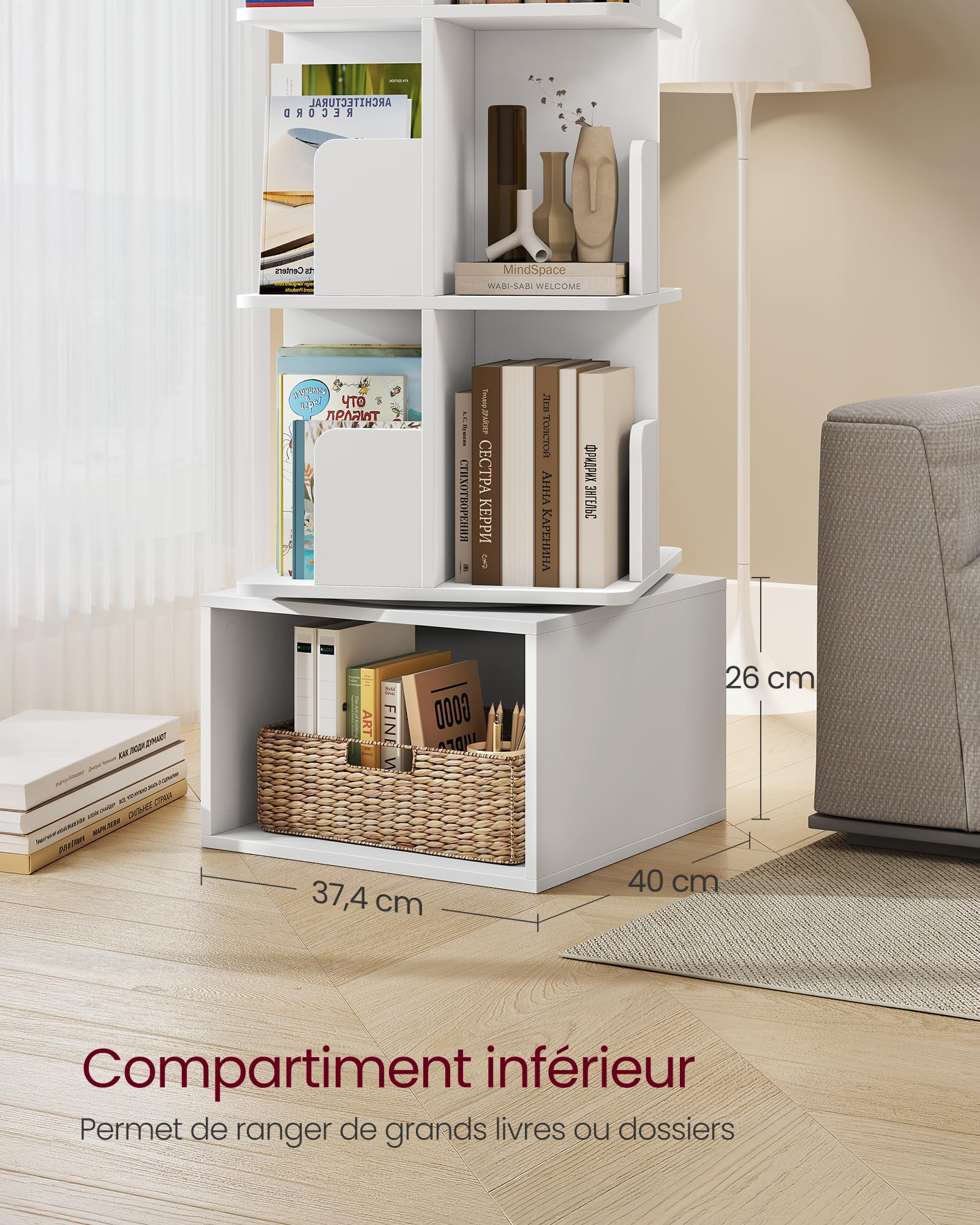 VASAGLE Custos Collection - Bibliothèque Rotative à 5 Niveaux, Bibliothèque Pivotante à 360°, avec Compartiments Ouverts, 40 x 40 x 155,8 cm, pour Chambre, Salon, Bureau, Blanc Nuage LBC472WB01