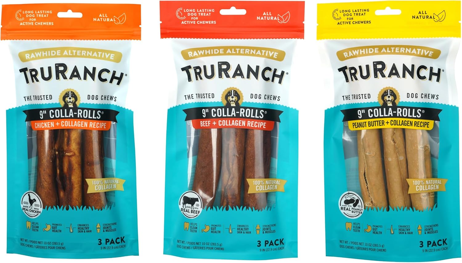 TRURANCH 9" Collagen Rolls 3 Flavor Bundle: Beef, Chicken, Peanut Butter, Healthy Joint Support Dog Treat, Rawhide Alternative, Skin & Coat Health, Made with Real Beef, 3 Bags, 9 Count