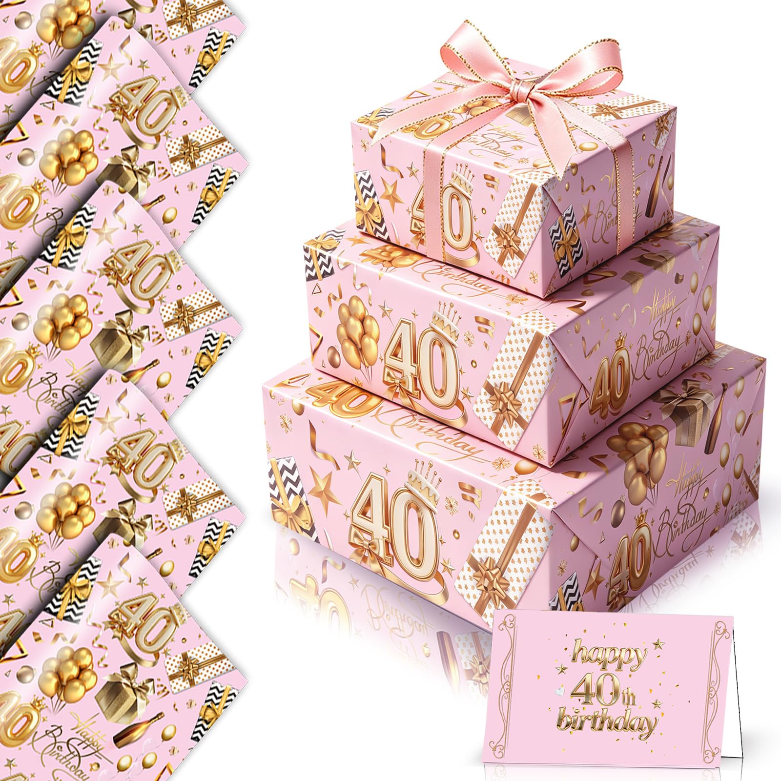 YAAVAAW Pink and Gold 40th Birthday Wrapping Paper Women,5 Sheets 50x70cm 3D Pink Happy 40 Birthday Gift Wrap Paper with Cards and 2m Ribbon for Ladies Woman Her Female 40th Birthday Gifts Decorations